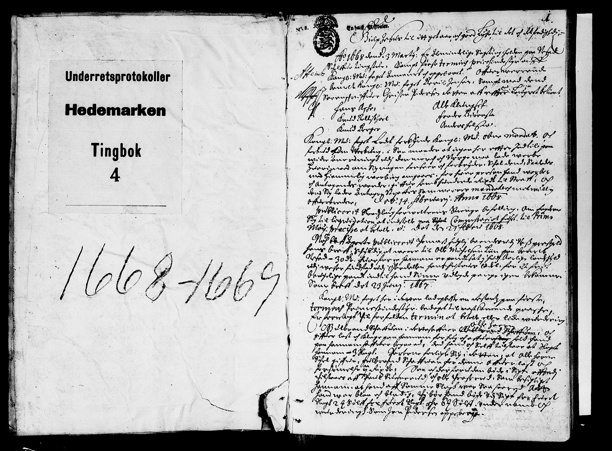 Hedemarken sorenskriveri, SAH/TING-034/G/Gb/L0004: Tingbok, 1668-1669, p. 0b-1a