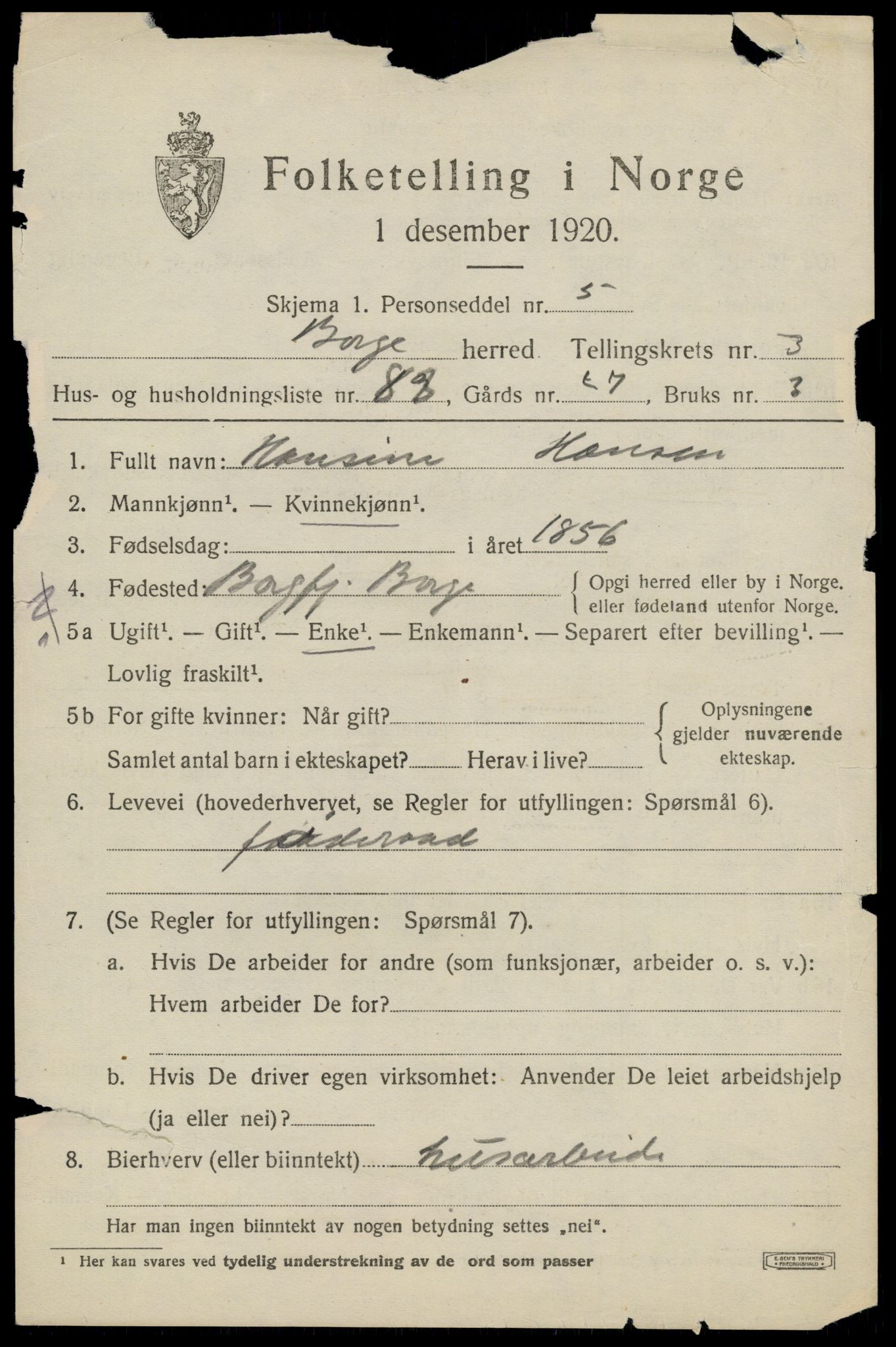 SAT, 1920 census for Borge, 1920, p. 4295