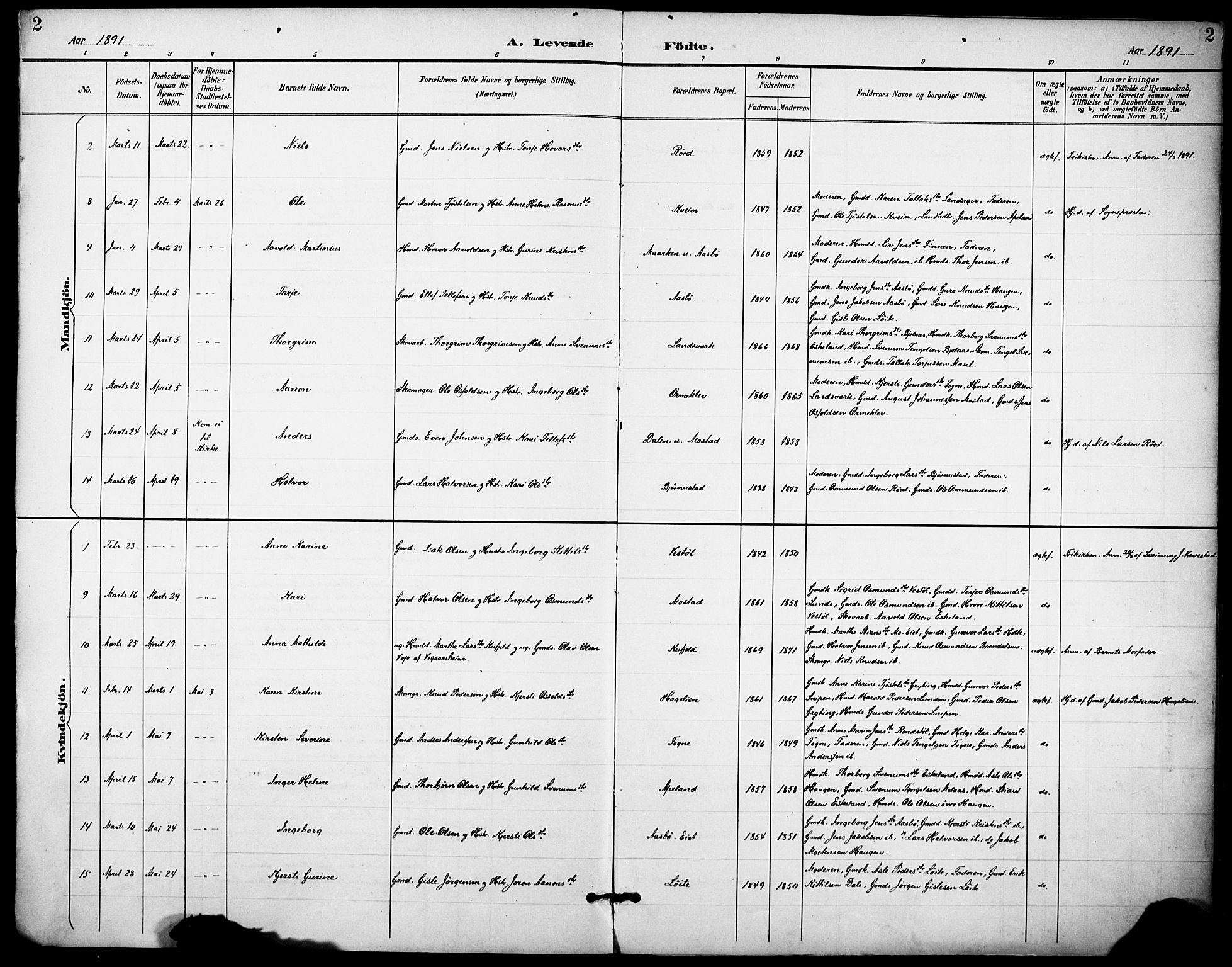 Gjerstad sokneprestkontor, SAK/1111-0014/F/Fa/Faa/L0010: Parish register (official) no. A 10, 1891-1902, p. 2