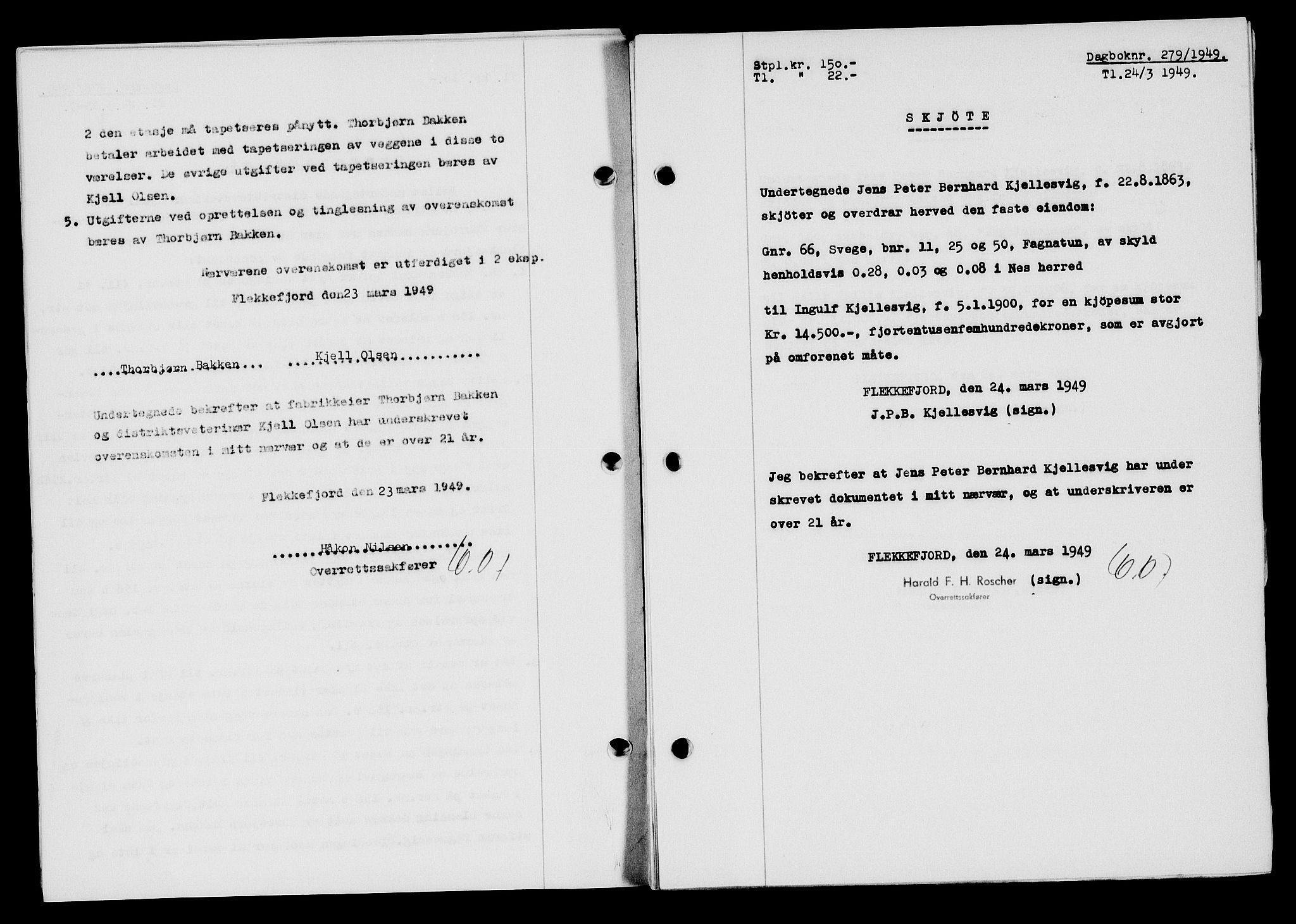 Flekkefjord sorenskriveri, SAK/1221-0001/G/Gb/Gba/L0065: Mortgage book no. A-13, 1949-1949, Diary no: : 279/1949