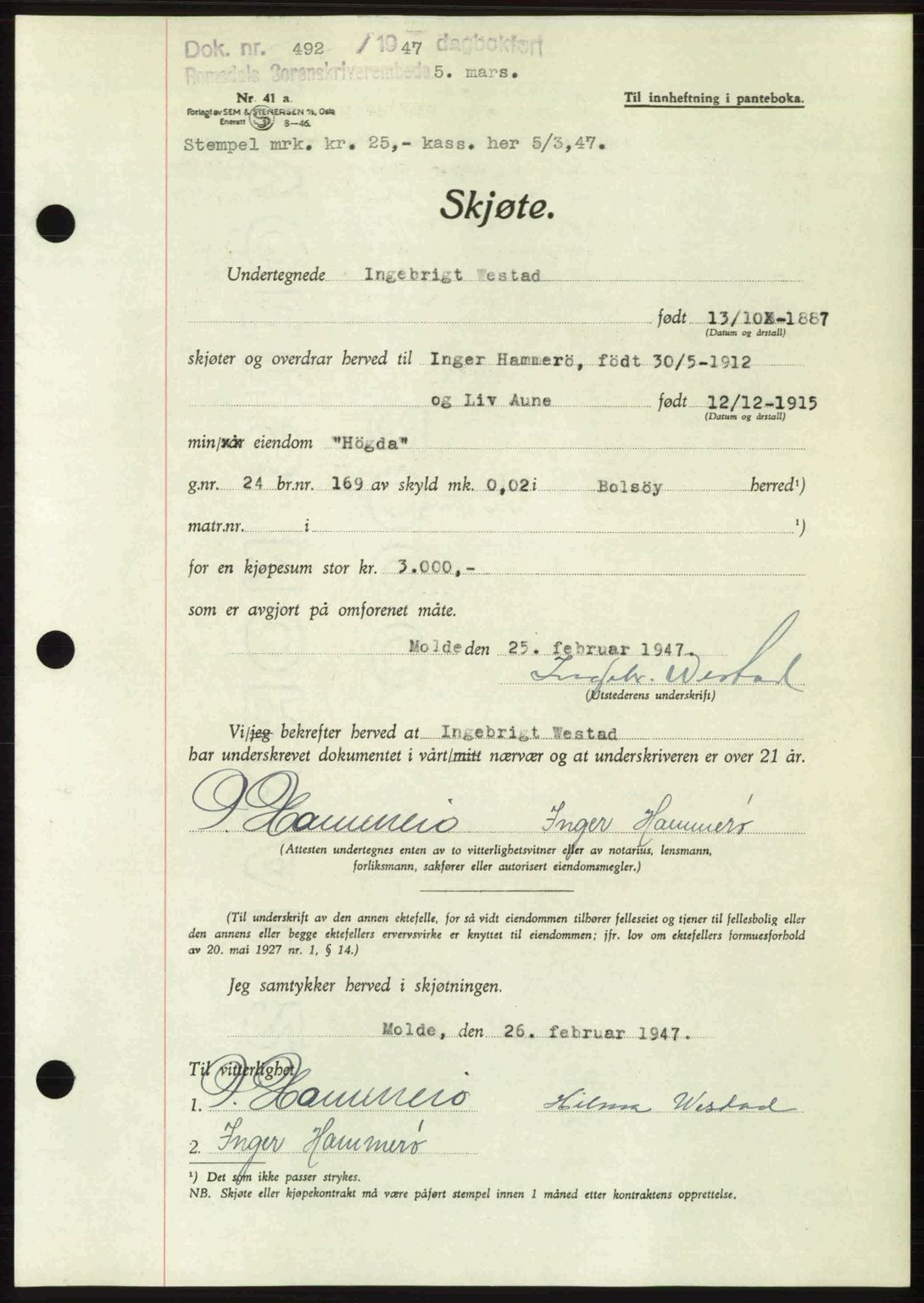 Romsdal sorenskriveri, AV/SAT-A-4149/1/2/2C: Mortgage book no. A22, 1947-1947, Diary no: : 492/1947