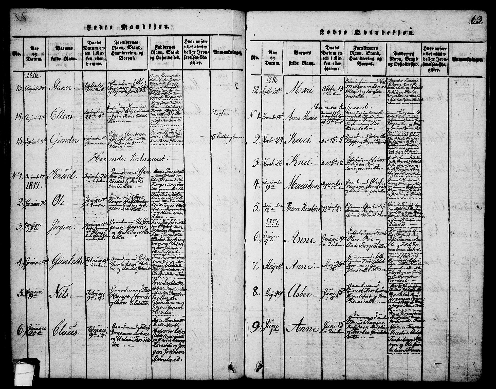 Drangedal kirkebøker, SAKO/A-258/G/Ga/L0001: Parish register (copy) no. I 1 /2, 1814-1856, p. 63