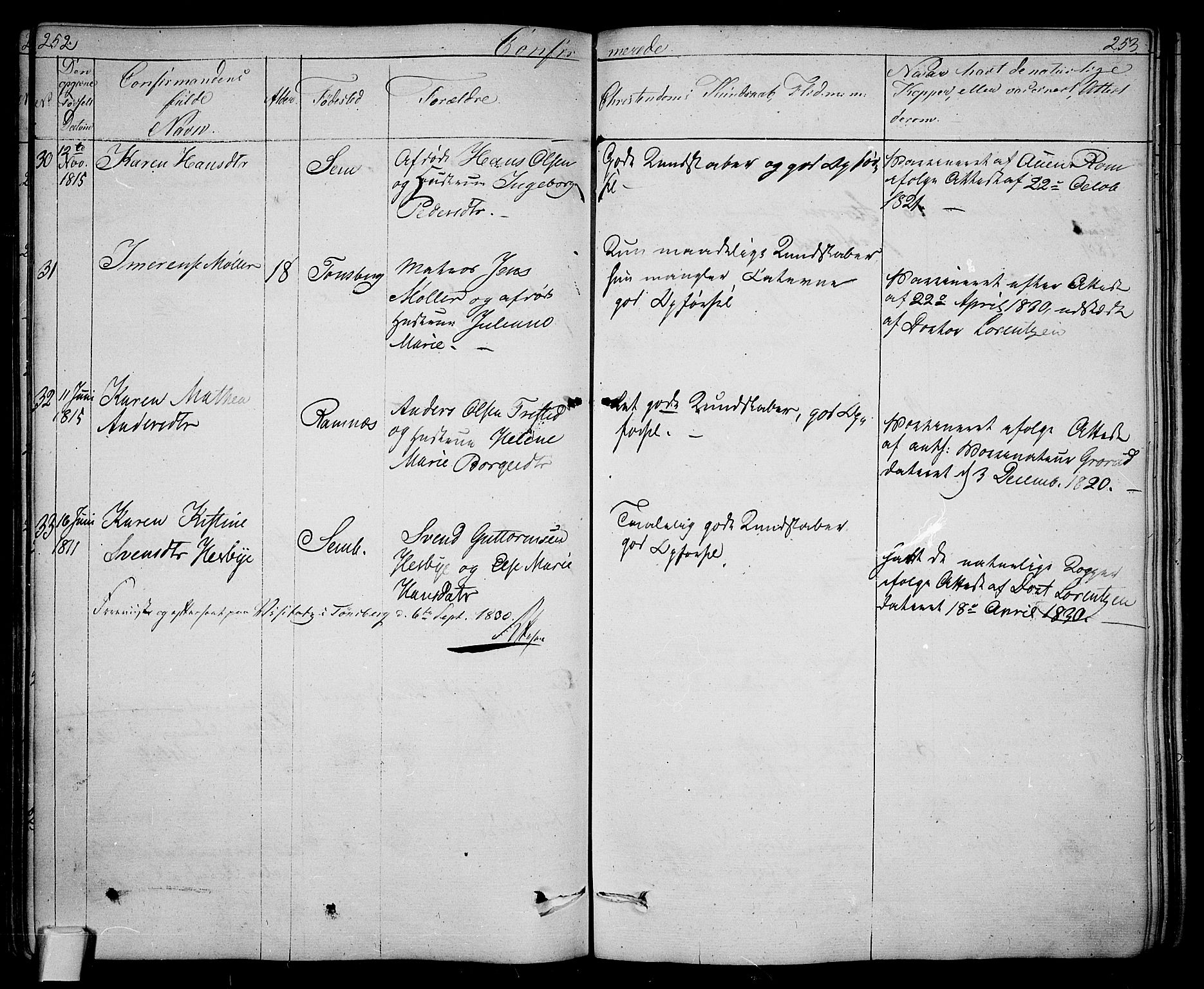 Tønsberg kirkebøker, AV/SAKO-A-330/F/Fa/L0005: Parish register (official) no. I 5, 1827-1836, p. 252-253