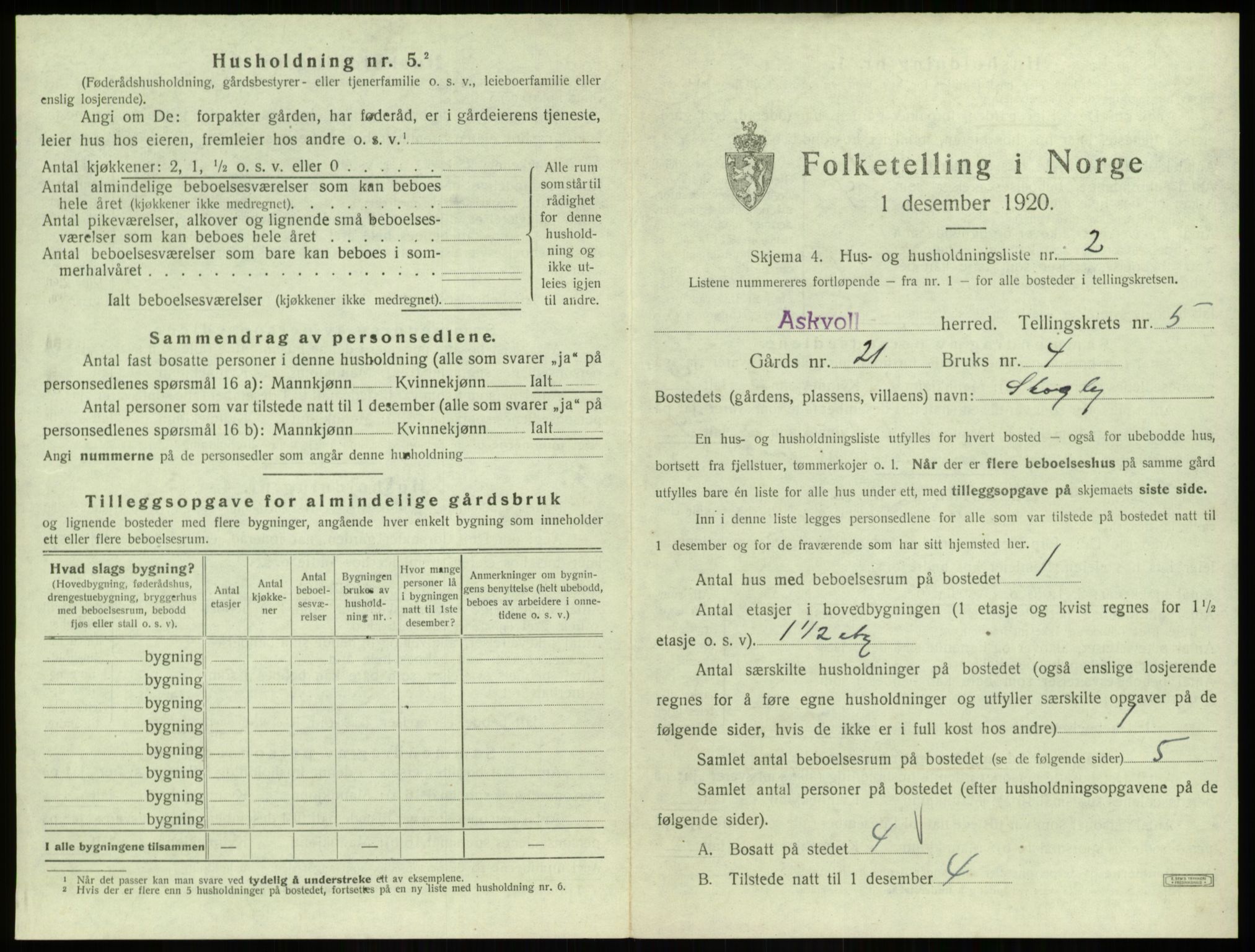 SAB, 1920 census for Askvoll, 1920, p. 269