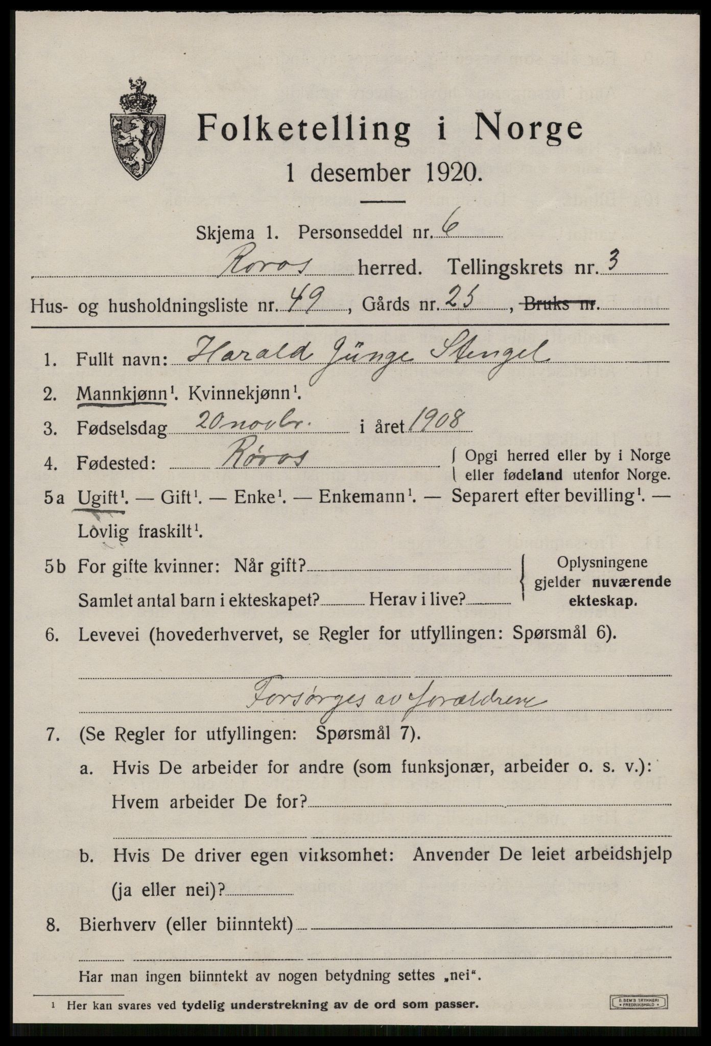 SAT, 1920 census for Røros, 1920, p. 4512