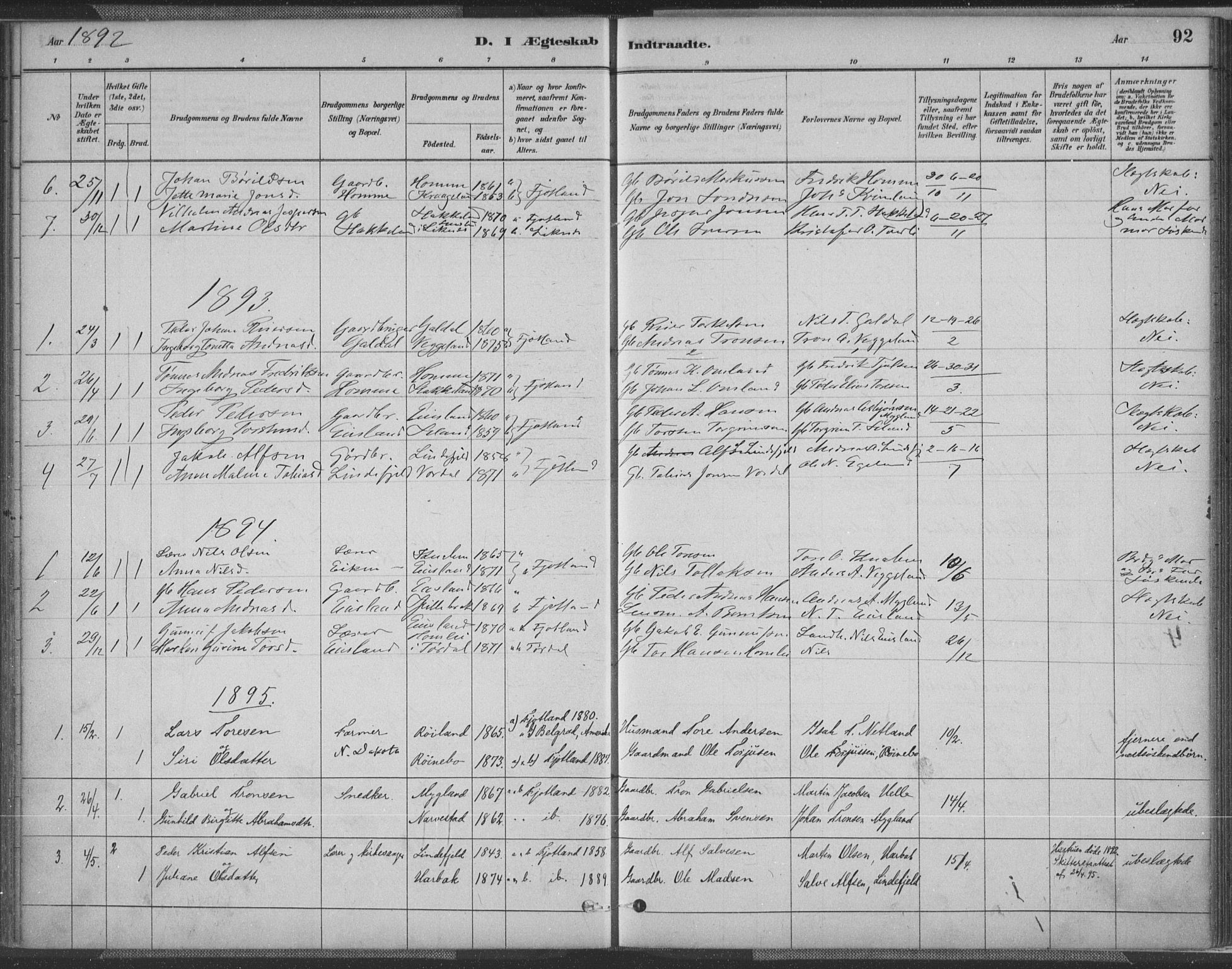 Fjotland sokneprestkontor, AV/SAK-1111-0010/F/Fa/L0002: Parish register (official) no. A 2, 1880-1898, p. 92