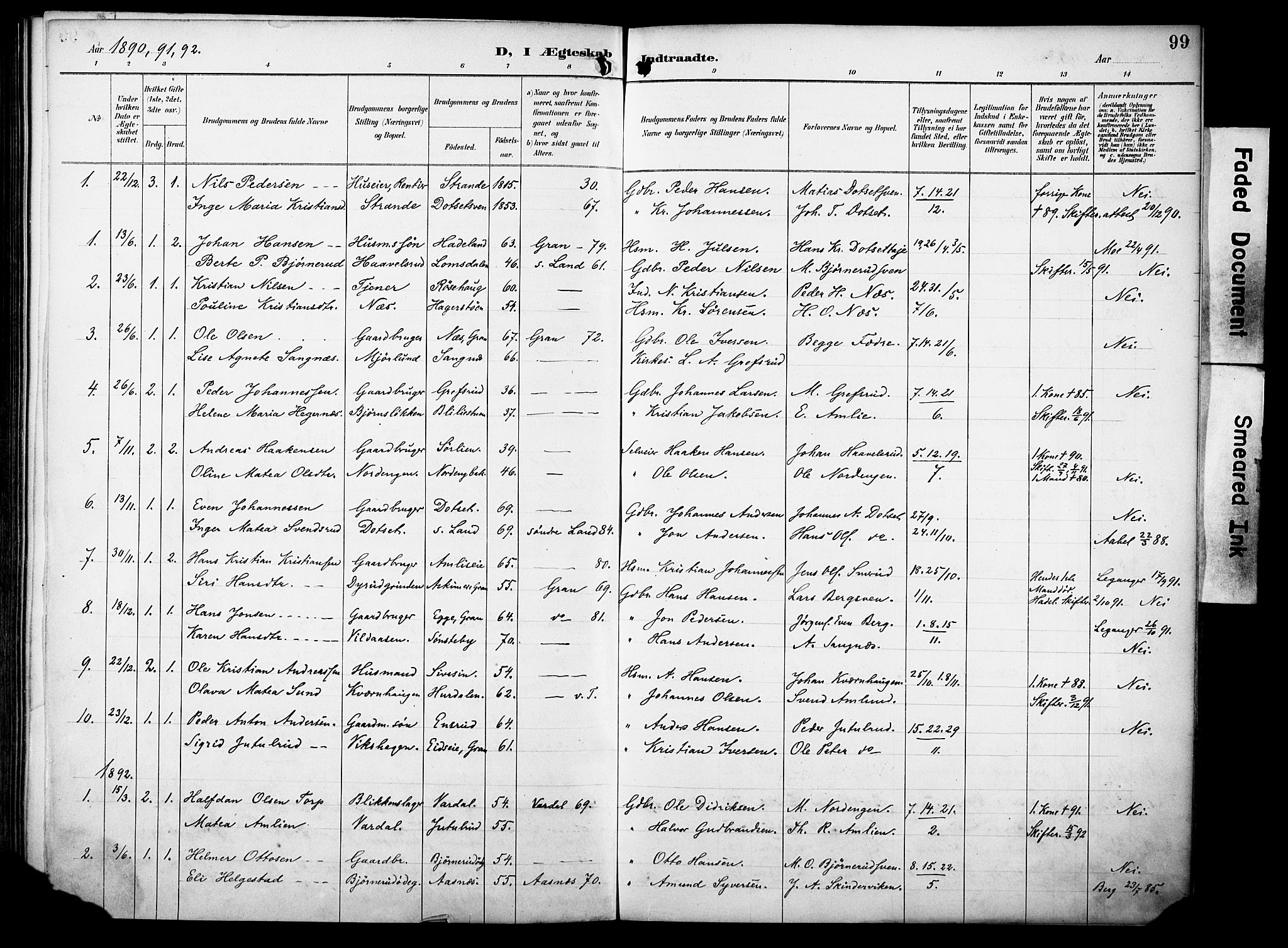 Vestre Toten prestekontor, SAH/PREST-108/H/Ha/Haa/L0012: Parish register (official) no. 12, 1890-1906, p. 99