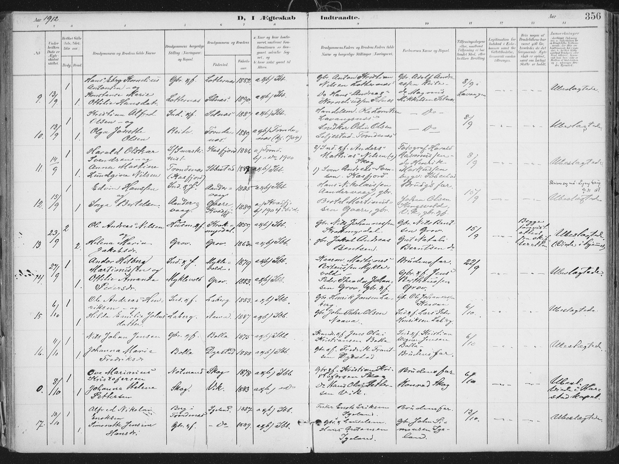 Ibestad sokneprestembete, SATØ/S-0077/H/Ha/Haa/L0017kirke: Parish register (official) no. 17, 1901-1914, p. 356