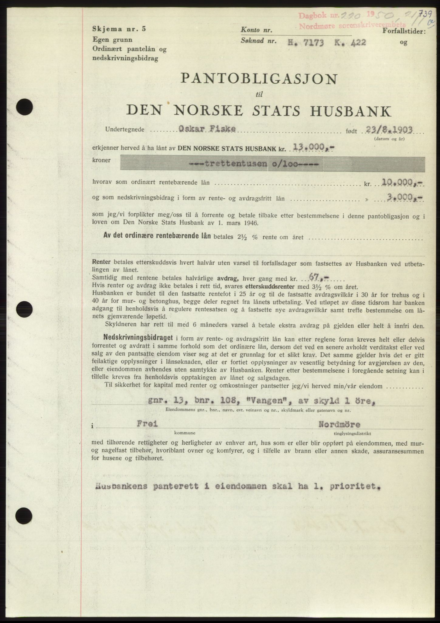 Nordmøre sorenskriveri, AV/SAT-A-4132/1/2/2Ca: Mortgage book no. B103, 1949-1950, Diary no: : 220/1950