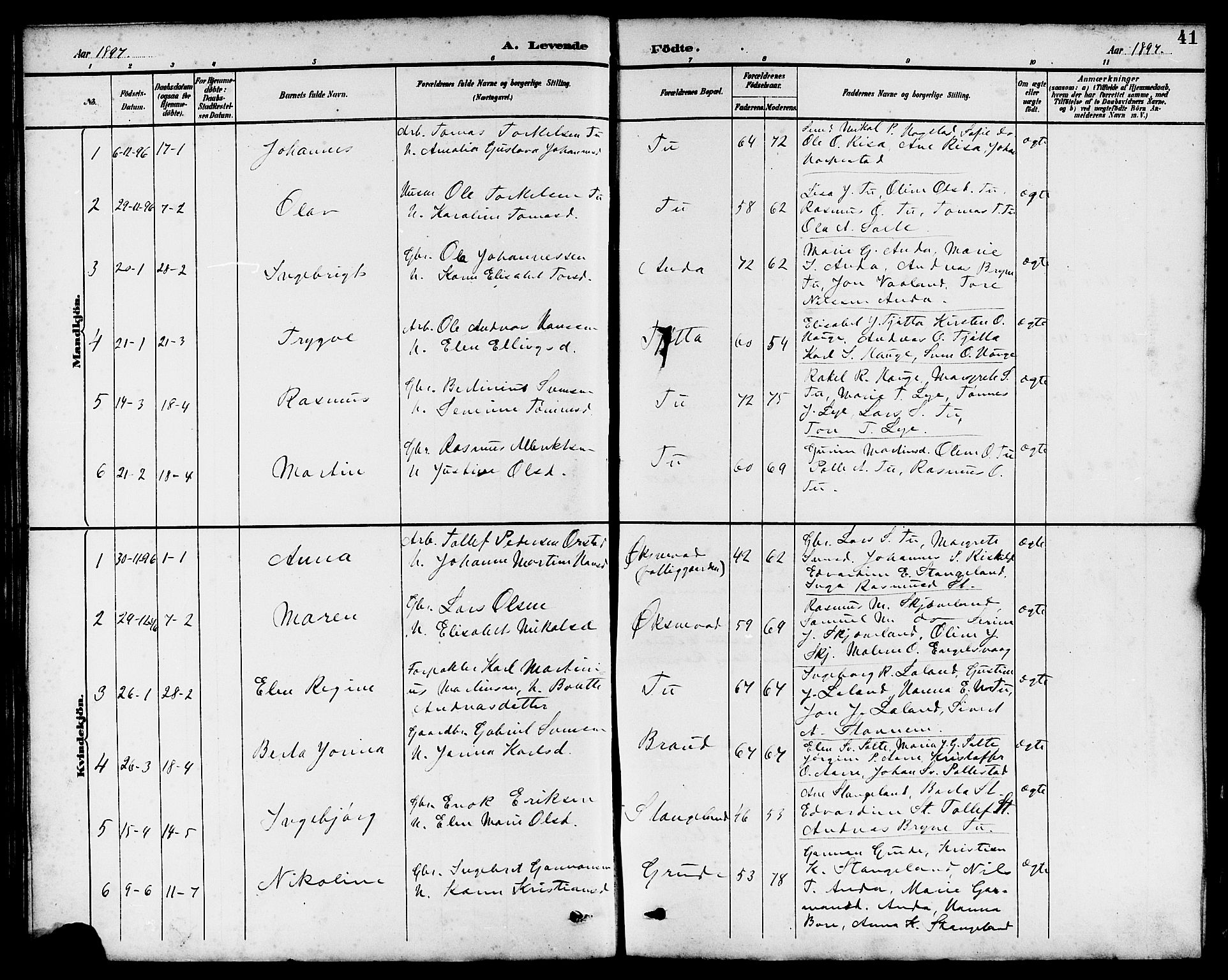 Klepp sokneprestkontor, SAST/A-101803/001/3/30BB/L0004: Parish register (copy) no. B 4, 1889-1914, p. 41