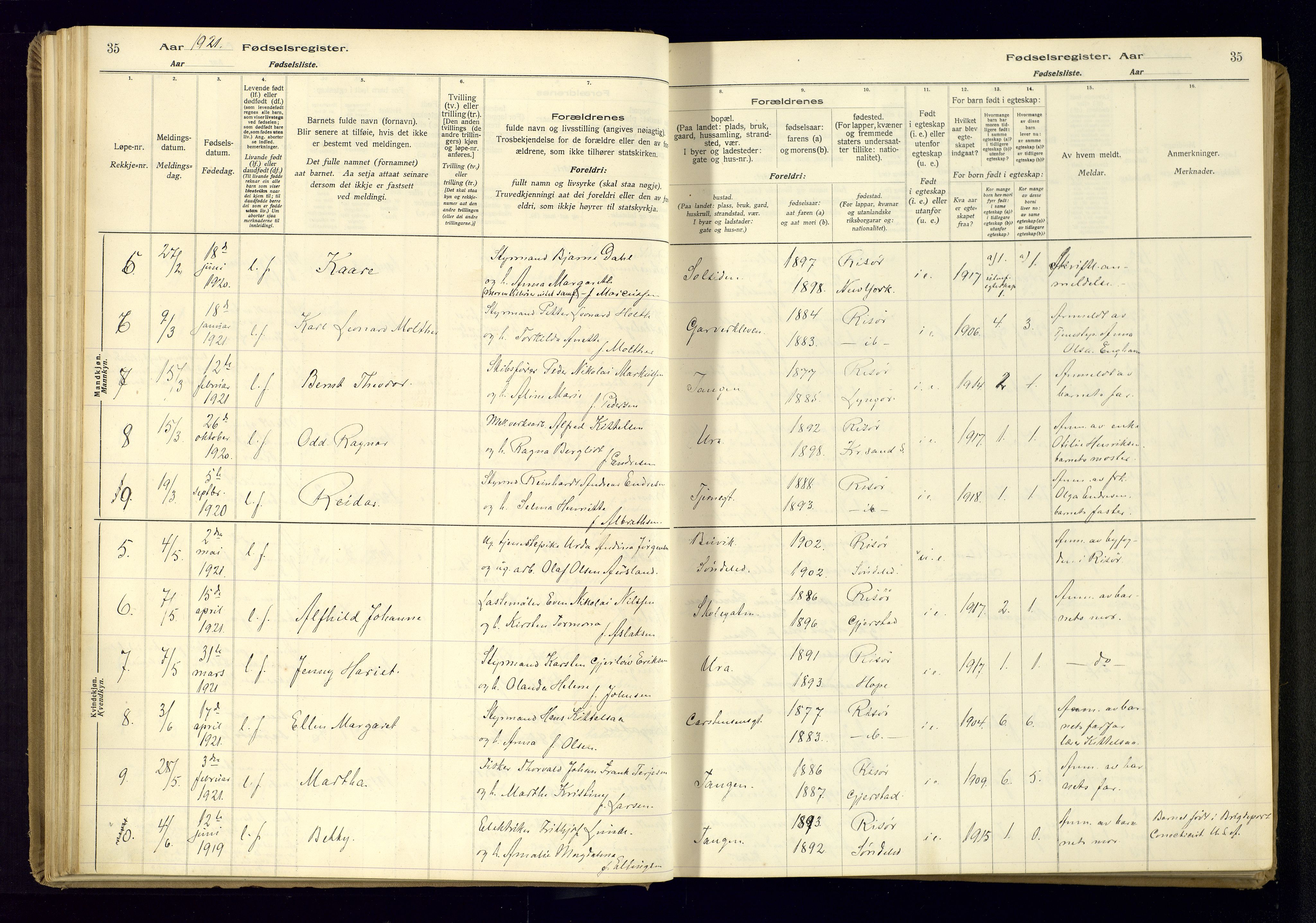 Risør sokneprestkontor, AV/SAK-1111-0035/J/Ja/L0001: Birth register no. A-VI-13, 1916-1947, p. 35