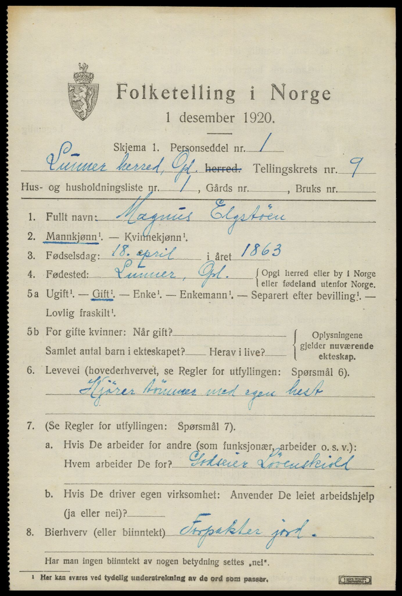 SAH, 1920 census for Lunner, 1920, p. 10341