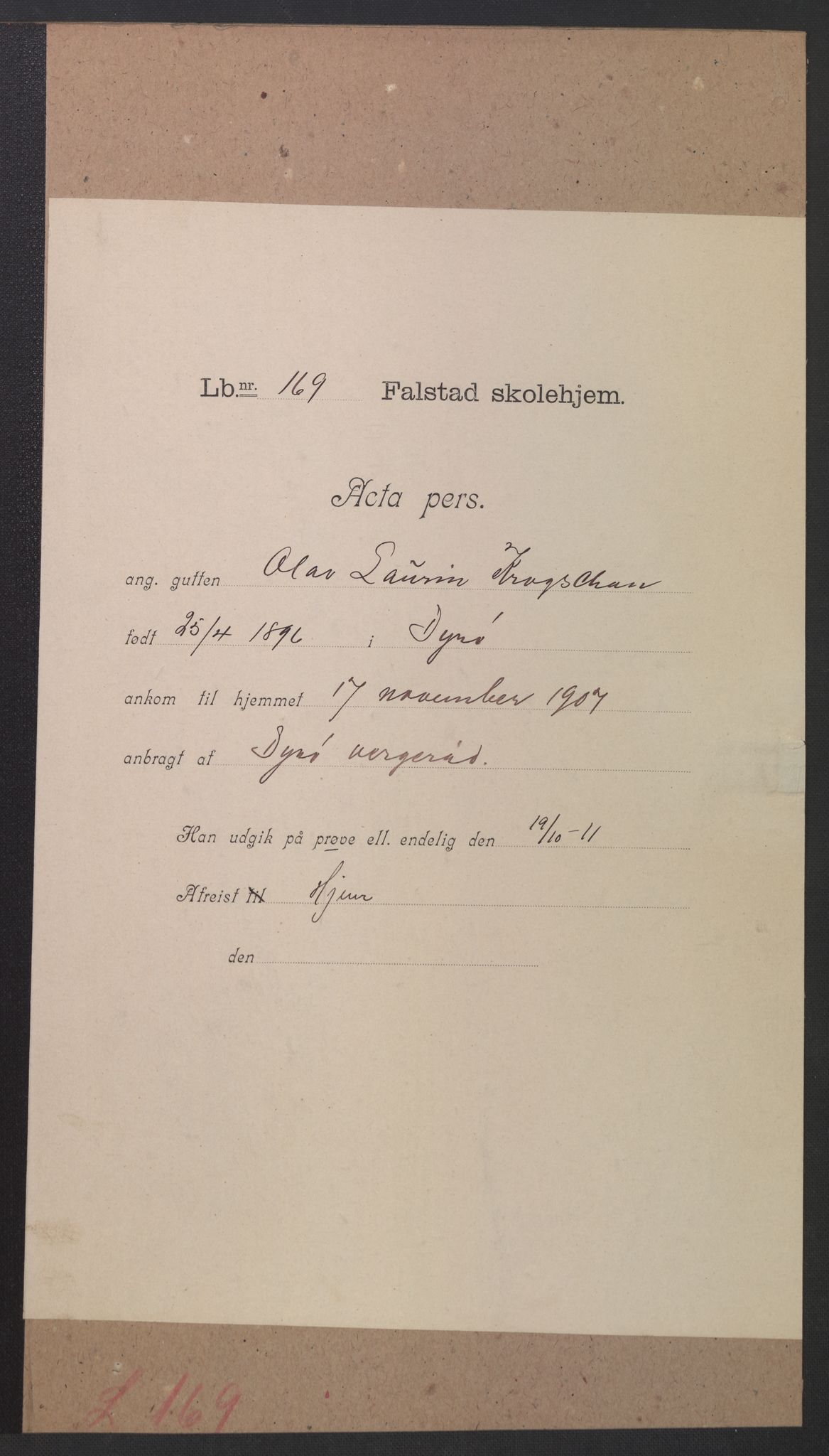 Falstad skolehjem, RA/S-1676/E/Eb/L0008: Elevmapper løpenr. 169-188, 1907-1914, p. 1