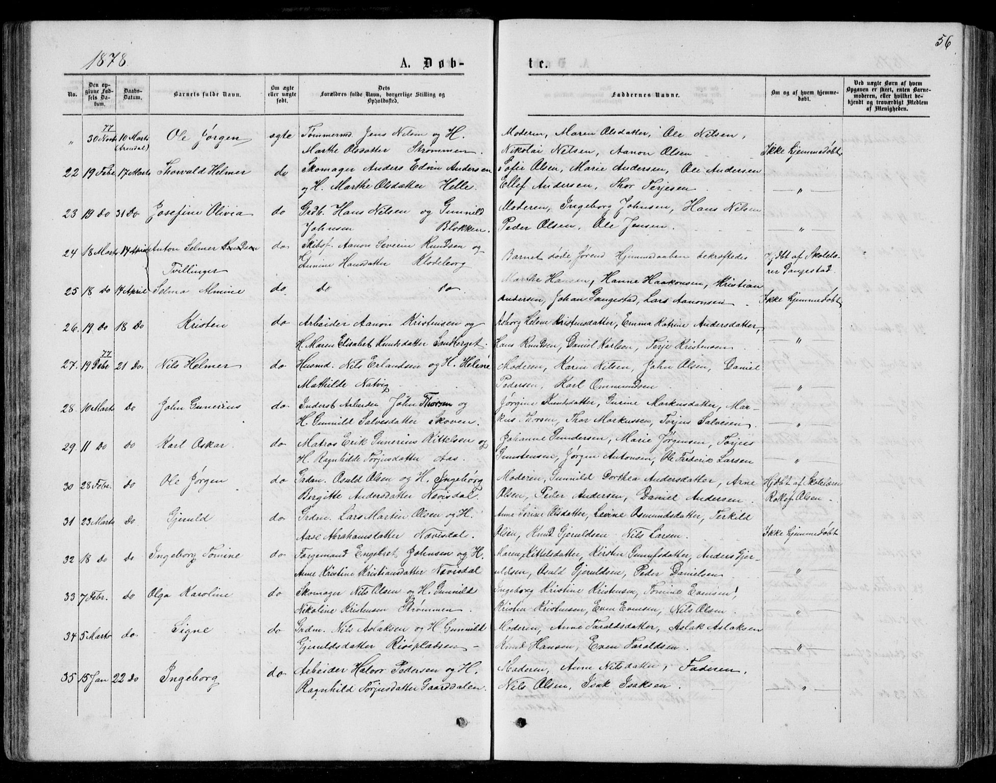 Øyestad sokneprestkontor, AV/SAK-1111-0049/F/Fb/L0008: Parish register (copy) no. B 8, 1872-1886, p. 56