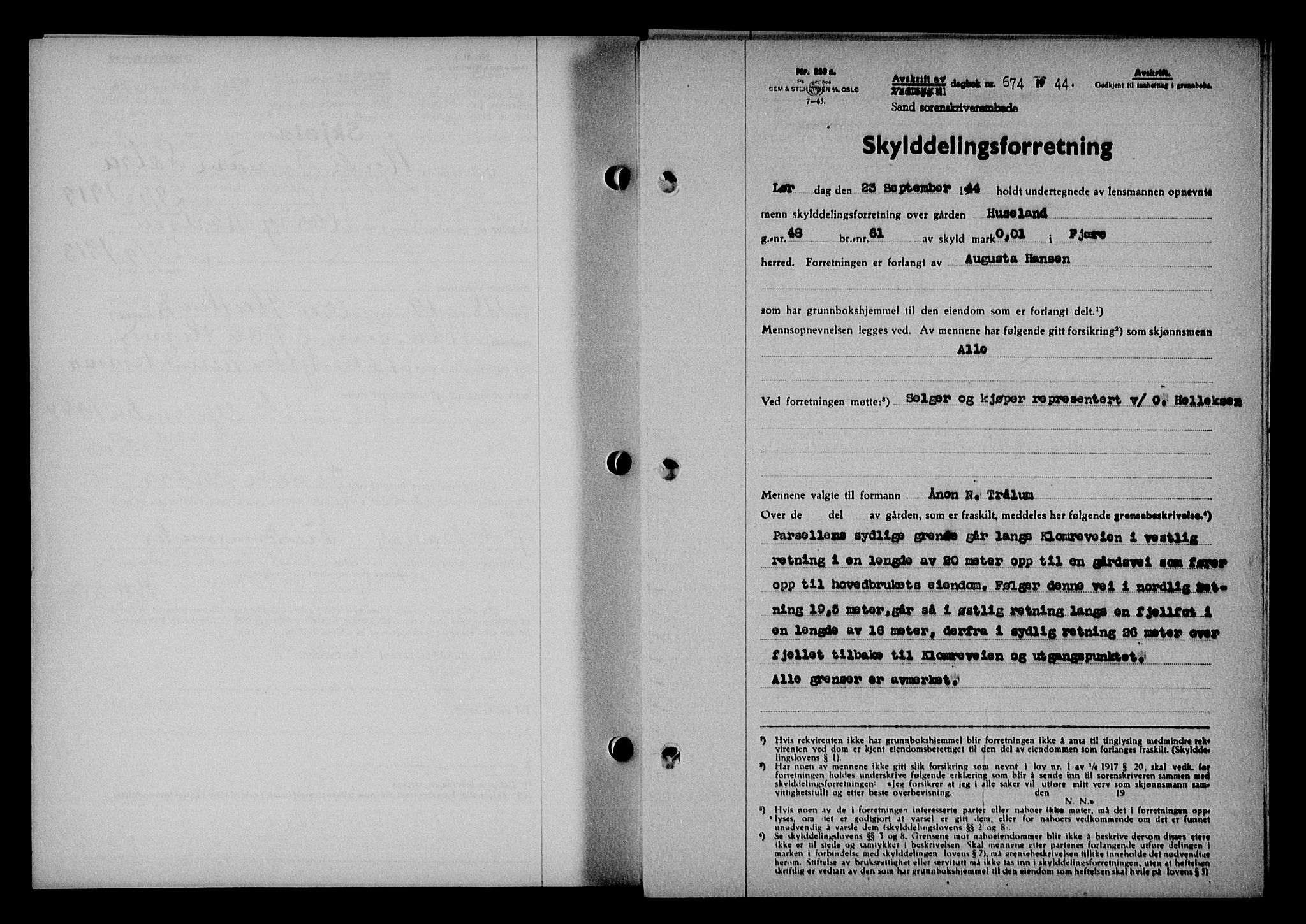 Vestre Nedenes/Sand sorenskriveri, SAK/1221-0010/G/Gb/Gba/L0053: Mortgage book no. A 6, 1944-1945, Diary no: : 674/1944