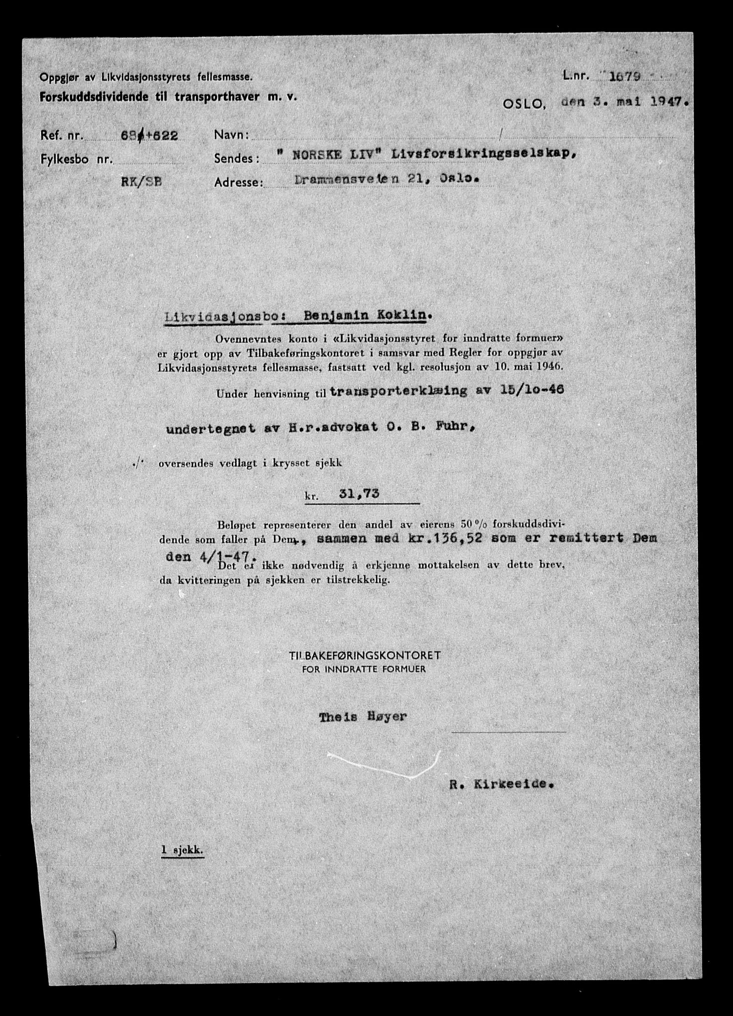 Justisdepartementet, Tilbakeføringskontoret for inndratte formuer, AV/RA-S-1564/H/Hc/Hcd/L1002: --, 1945-1947, p. 6