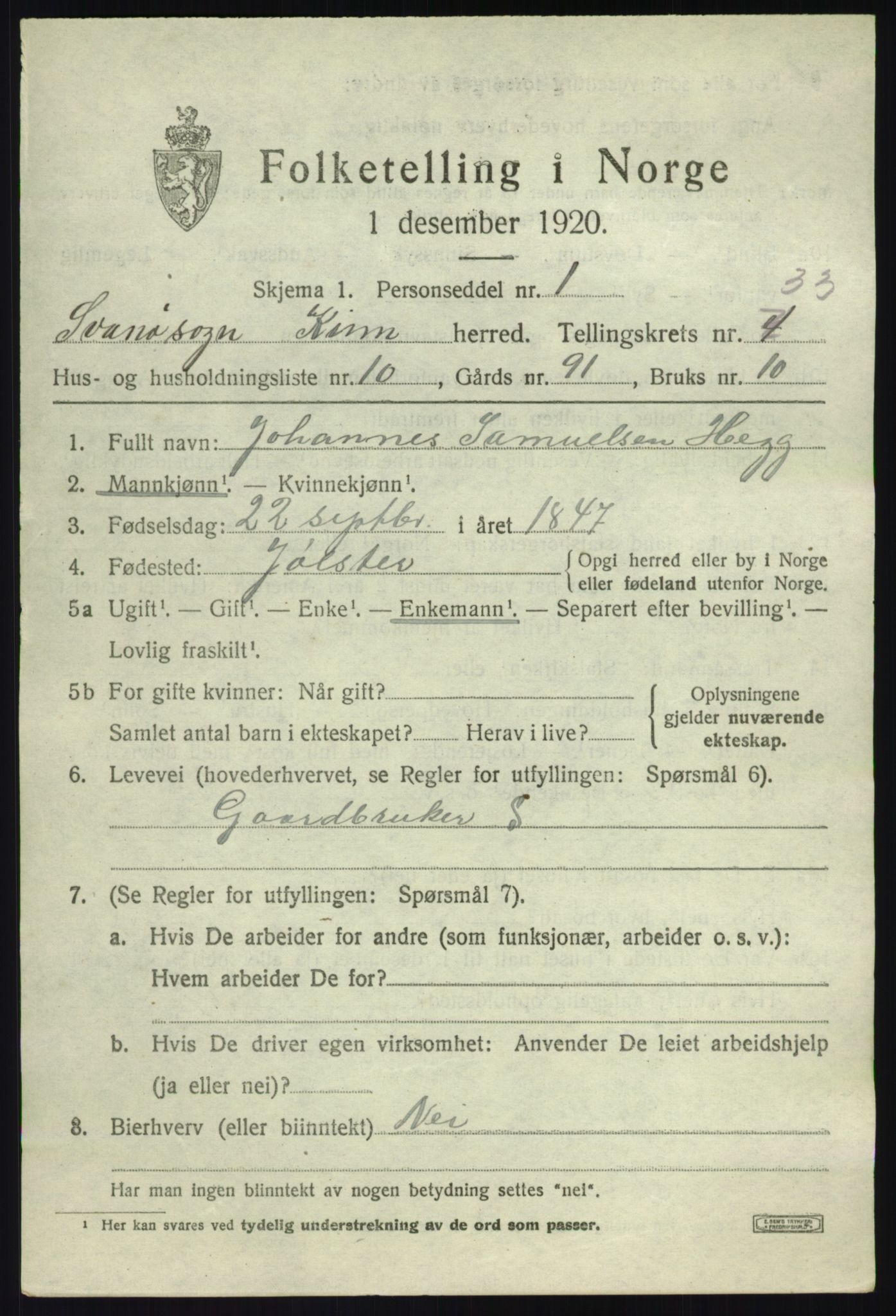 SAB, 1920 census for Kinn, 1920, p. 11011