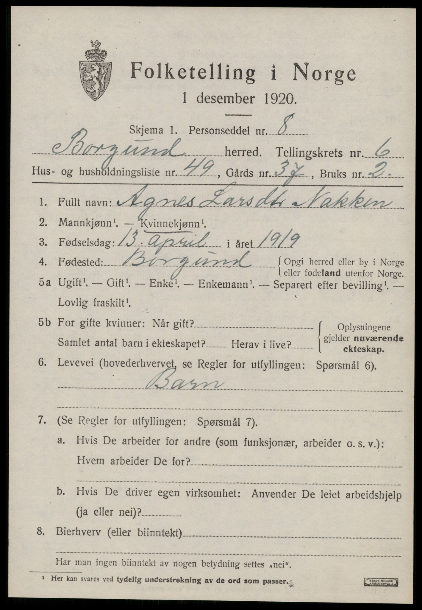 SAT, 1920 census for Borgund, 1920, p. 5786