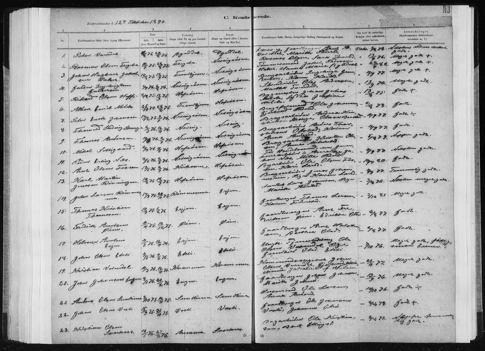 Ministerialprotokoller, klokkerbøker og fødselsregistre - Sør-Trøndelag, SAT/A-1456/668/L0818: Parish register (copy) no. 668C07, 1885-1898, p. 183