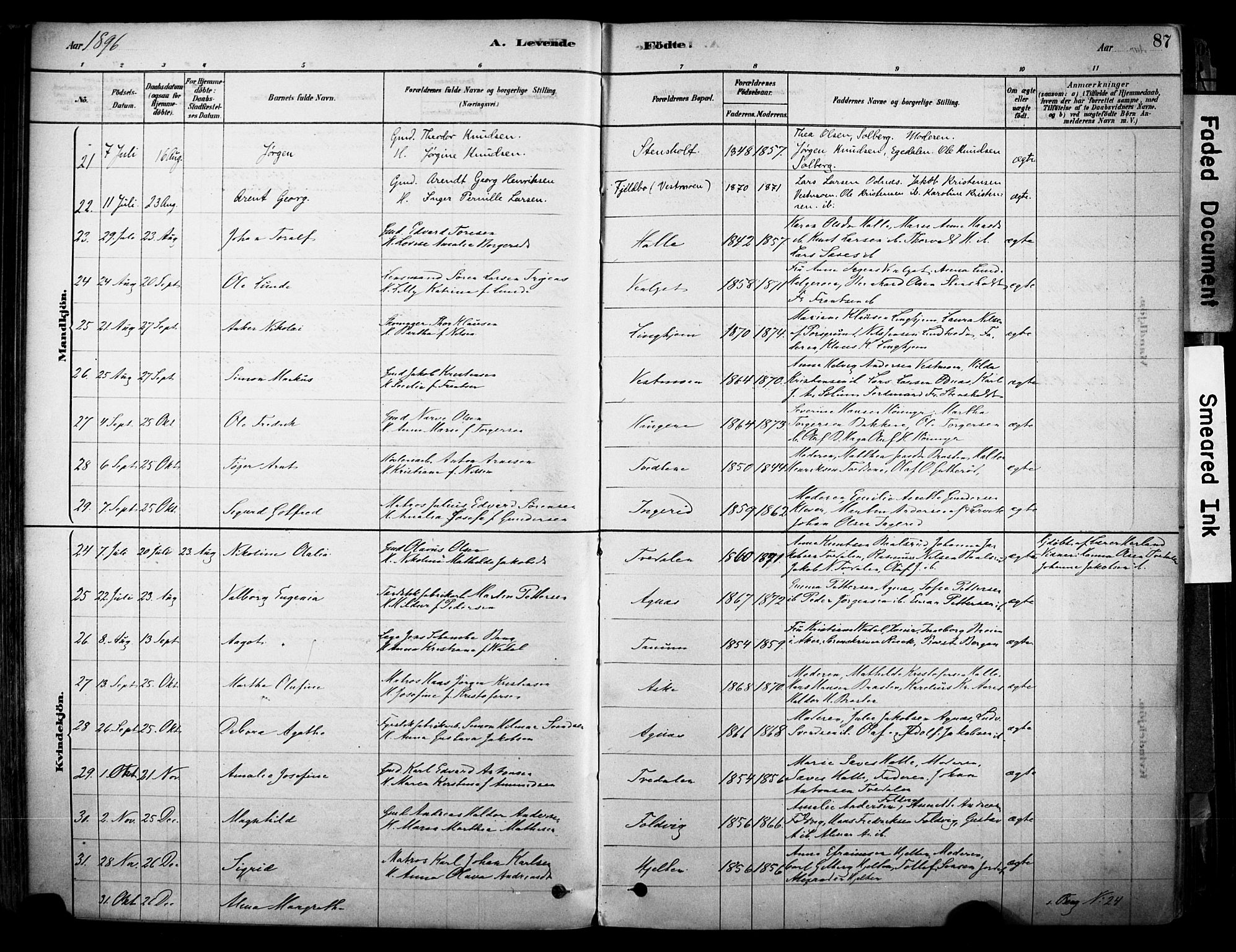 Brunlanes kirkebøker, AV/SAKO-A-342/F/Fc/L0001: Parish register (official) no. III 1, 1878-1899, p. 87