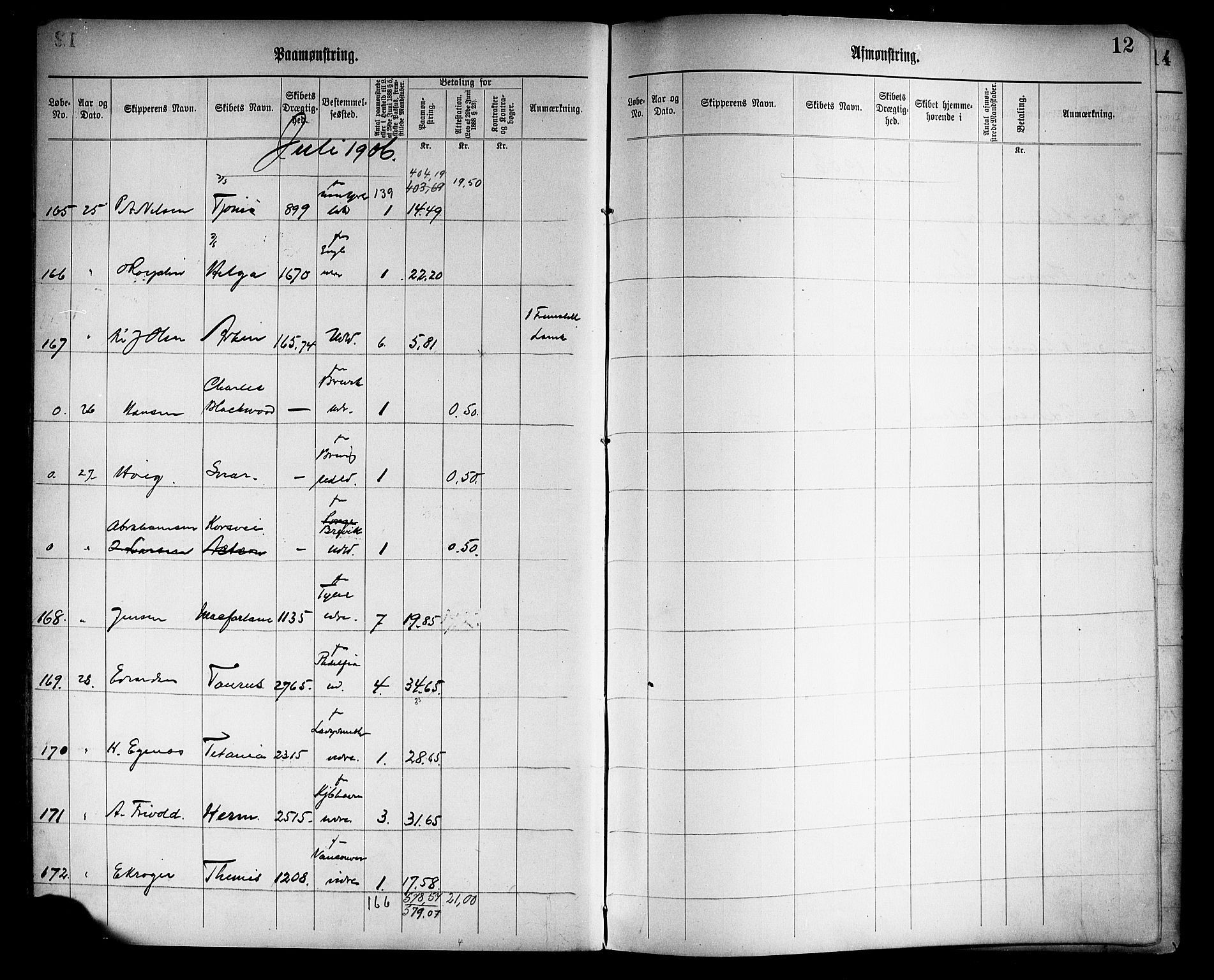 Tønsberg innrulleringskontor, AV/SAKO-A-786/H/Ha/L0006: Mønstringsjournal, 1906-1914, p. 14