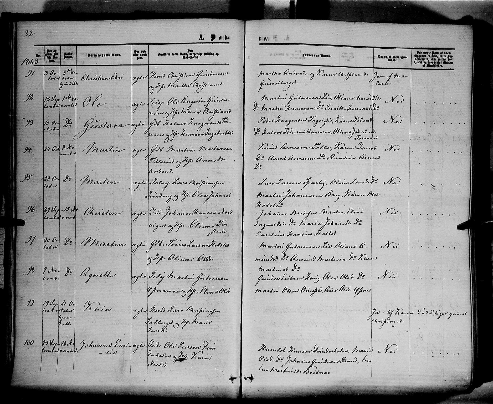 Hof prestekontor, SAH/PREST-038/H/Ha/Haa/L0009: Parish register (official) no. 9, 1862-1877, p. 22