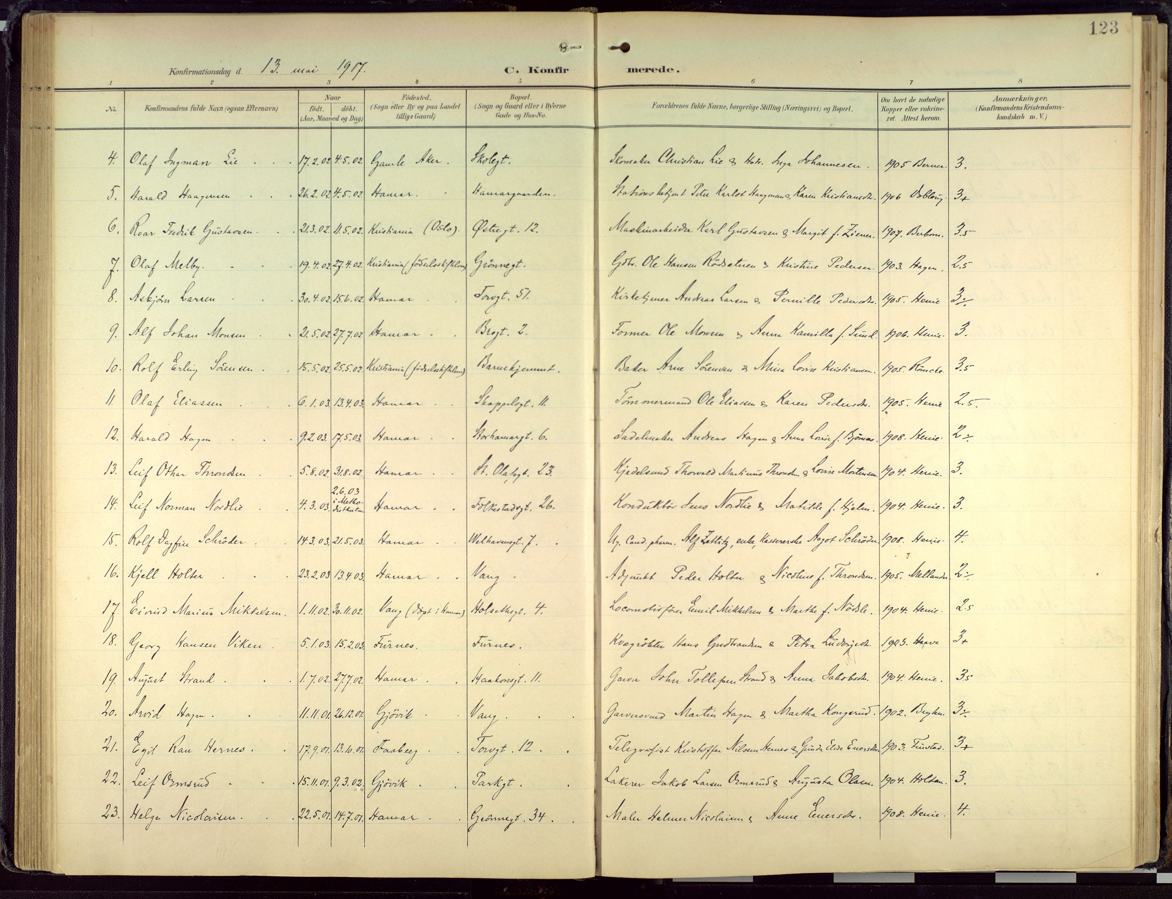 Hamar prestekontor, SAH/DOMPH-002/H/Ha/Haa/L0004: Parish register (official) no. 4, 1899-1973, p. 123