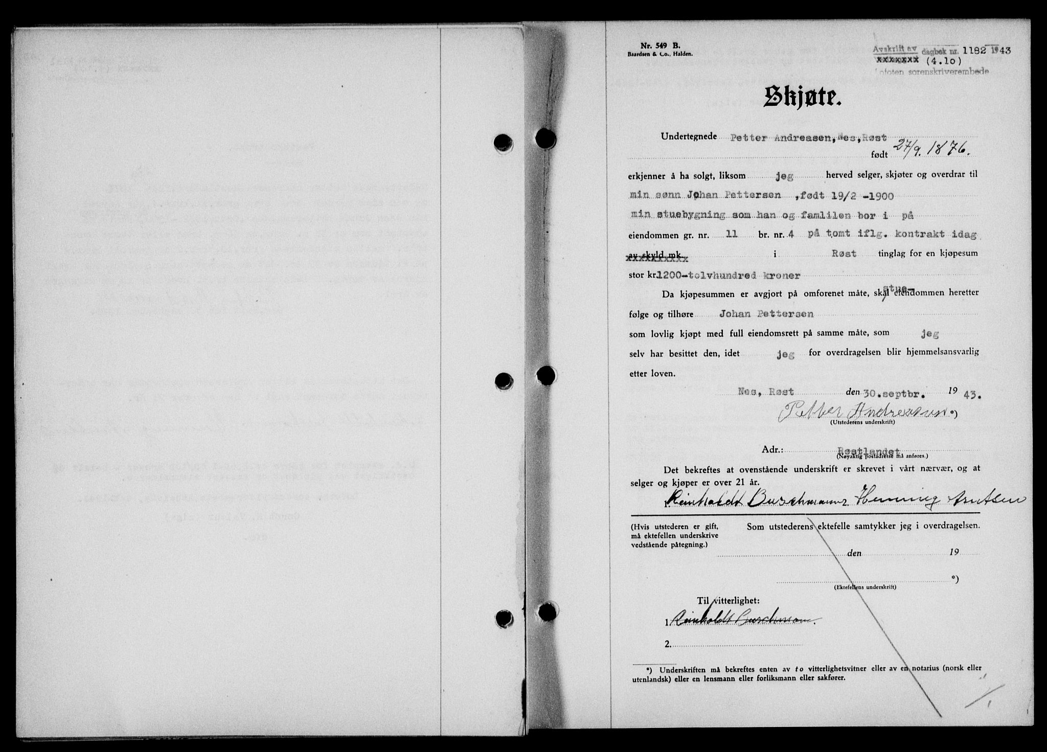 Lofoten sorenskriveri, SAT/A-0017/1/2/2C/L0011a: Mortgage book no. 11a, 1943-1943, Diary no: : 1182/1943
