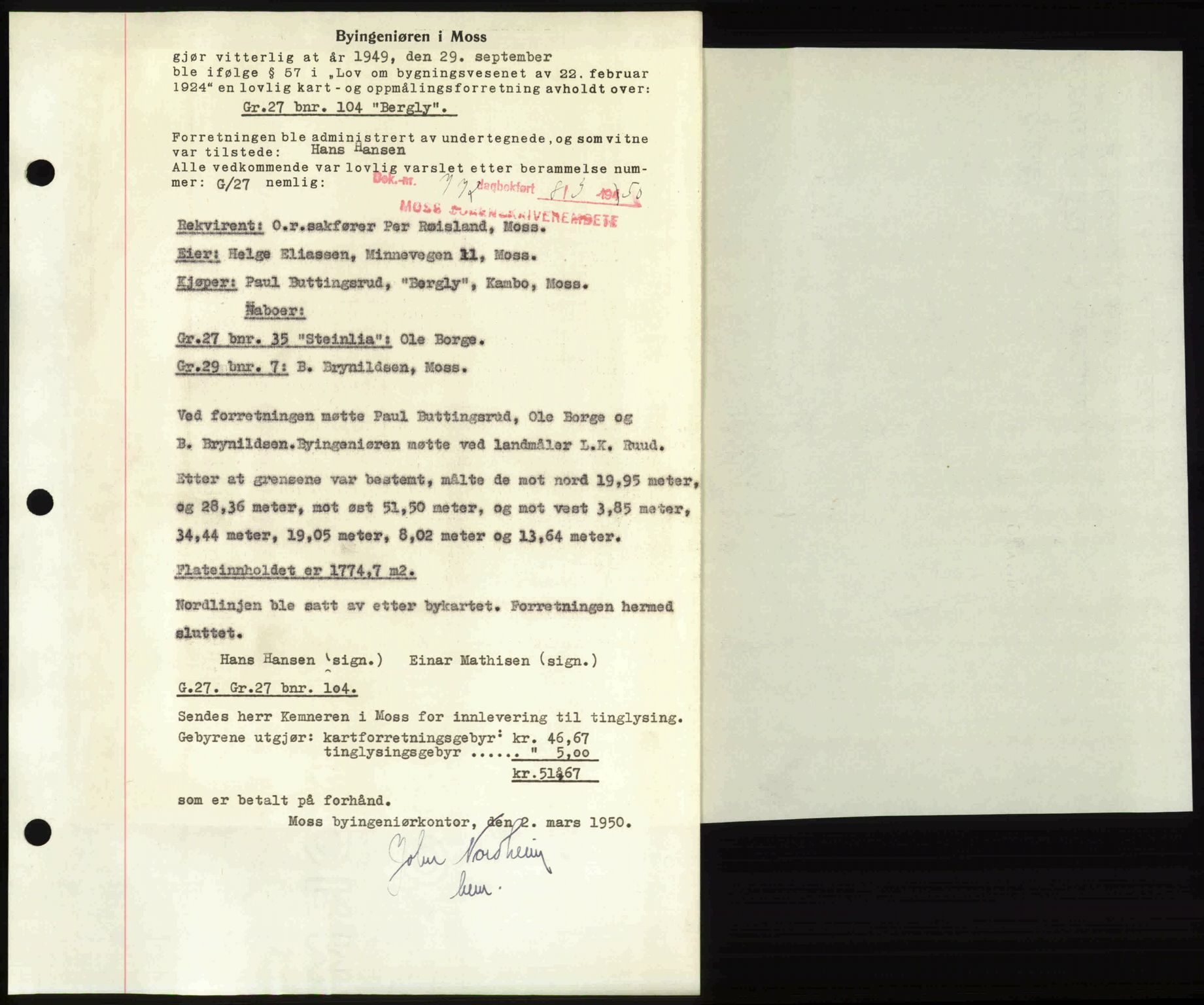 Moss sorenskriveri, SAO/A-10168: Mortgage book no. A25, 1950-1950, Diary no: : 772/1950