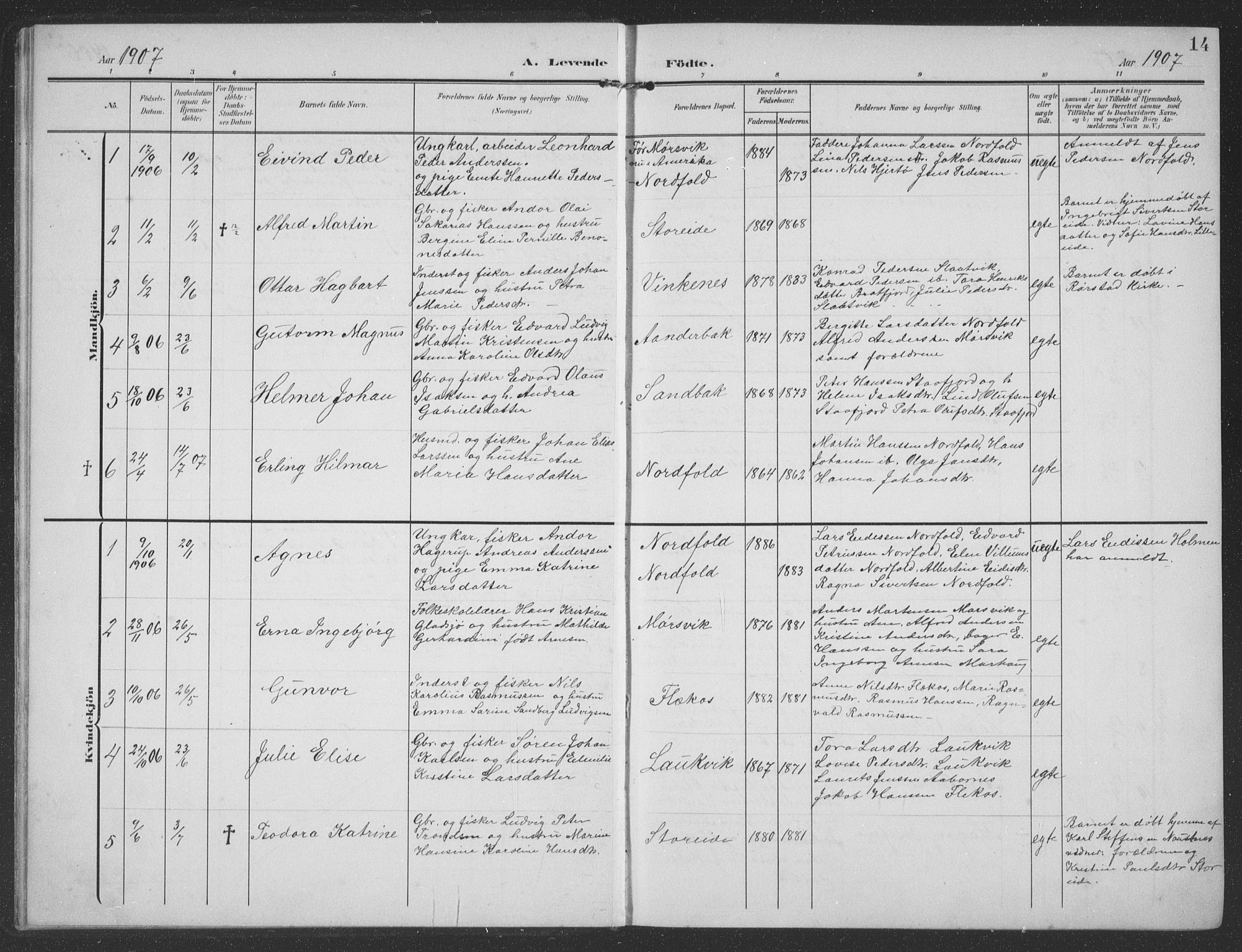 Ministerialprotokoller, klokkerbøker og fødselsregistre - Nordland, AV/SAT-A-1459/858/L0835: Parish register (copy) no. 858C02, 1904-1940, p. 14