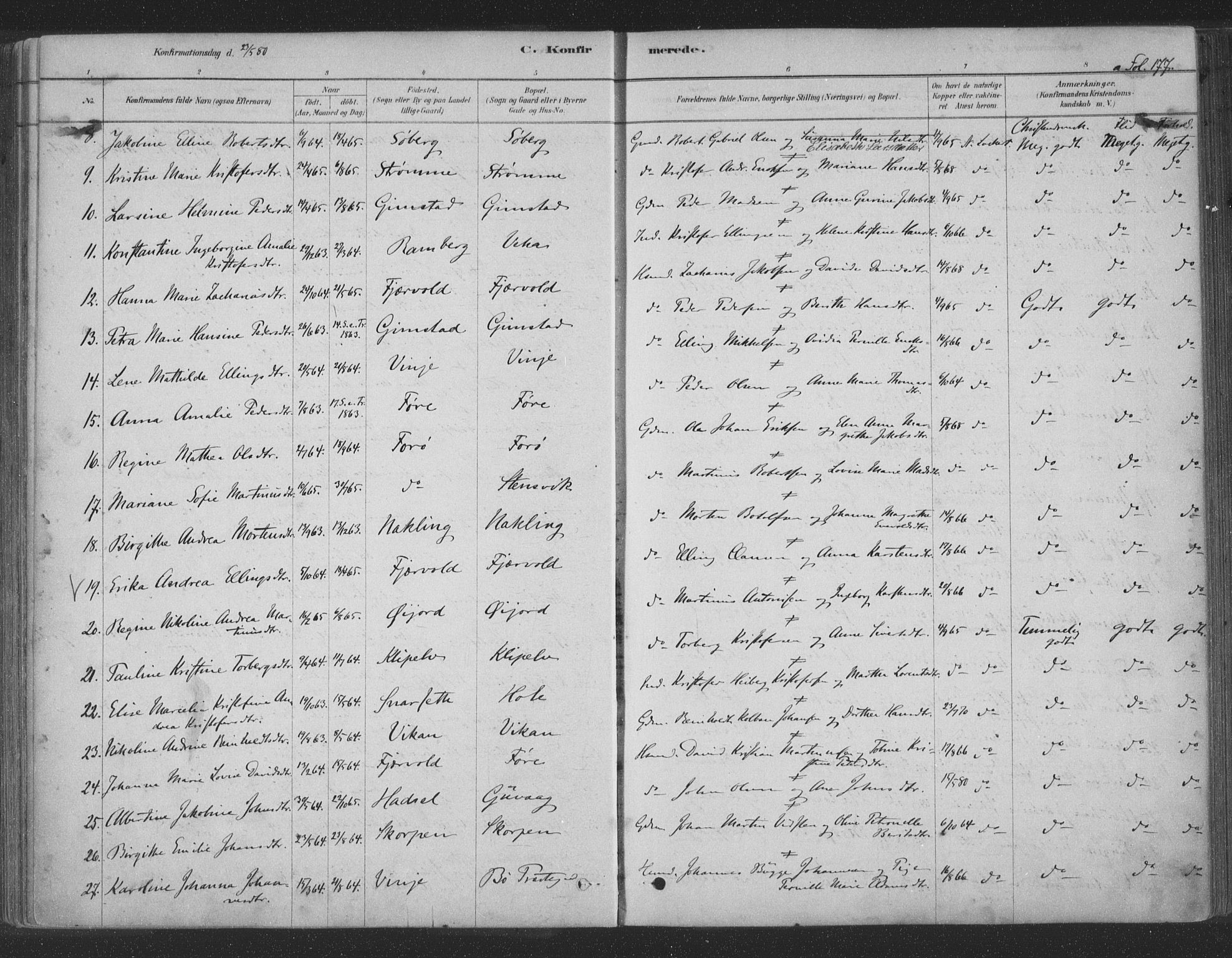 Ministerialprotokoller, klokkerbøker og fødselsregistre - Nordland, SAT/A-1459/891/L1302: Parish register (official) no. 891A07, 1878-1895, p. 177