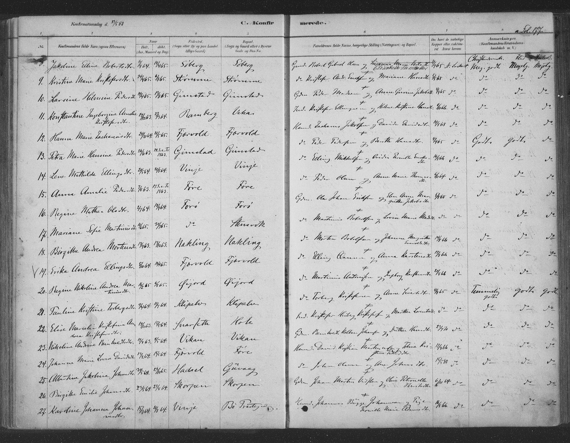 Ministerialprotokoller, klokkerbøker og fødselsregistre - Nordland, AV/SAT-A-1459/891/L1302: Parish register (official) no. 891A07, 1878-1895, p. 177