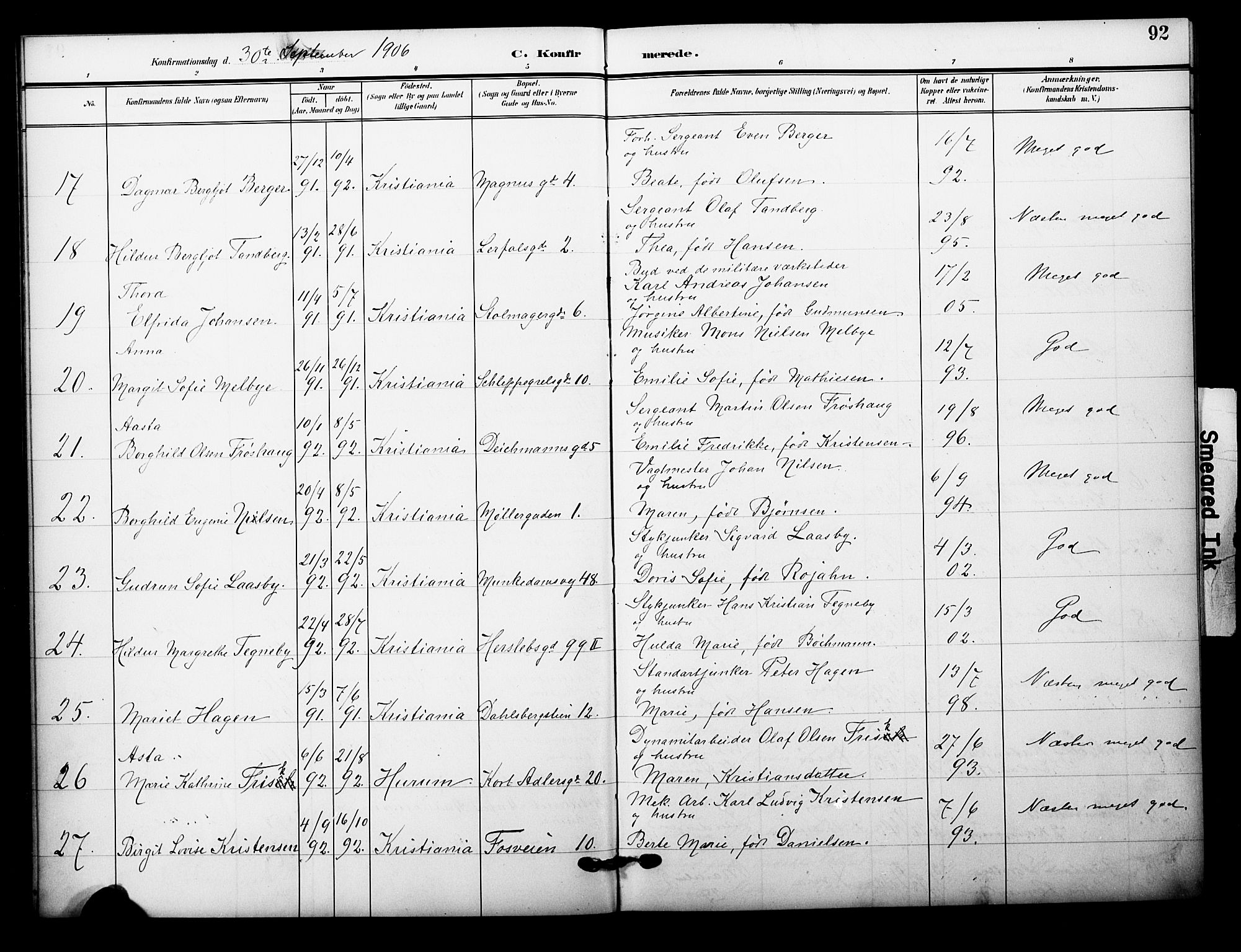 Garnisonsmenigheten Kirkebøker, AV/SAO-A-10846/F/Fa/L0014: Parish register (official) no. 14, 1905-1914, p. 92