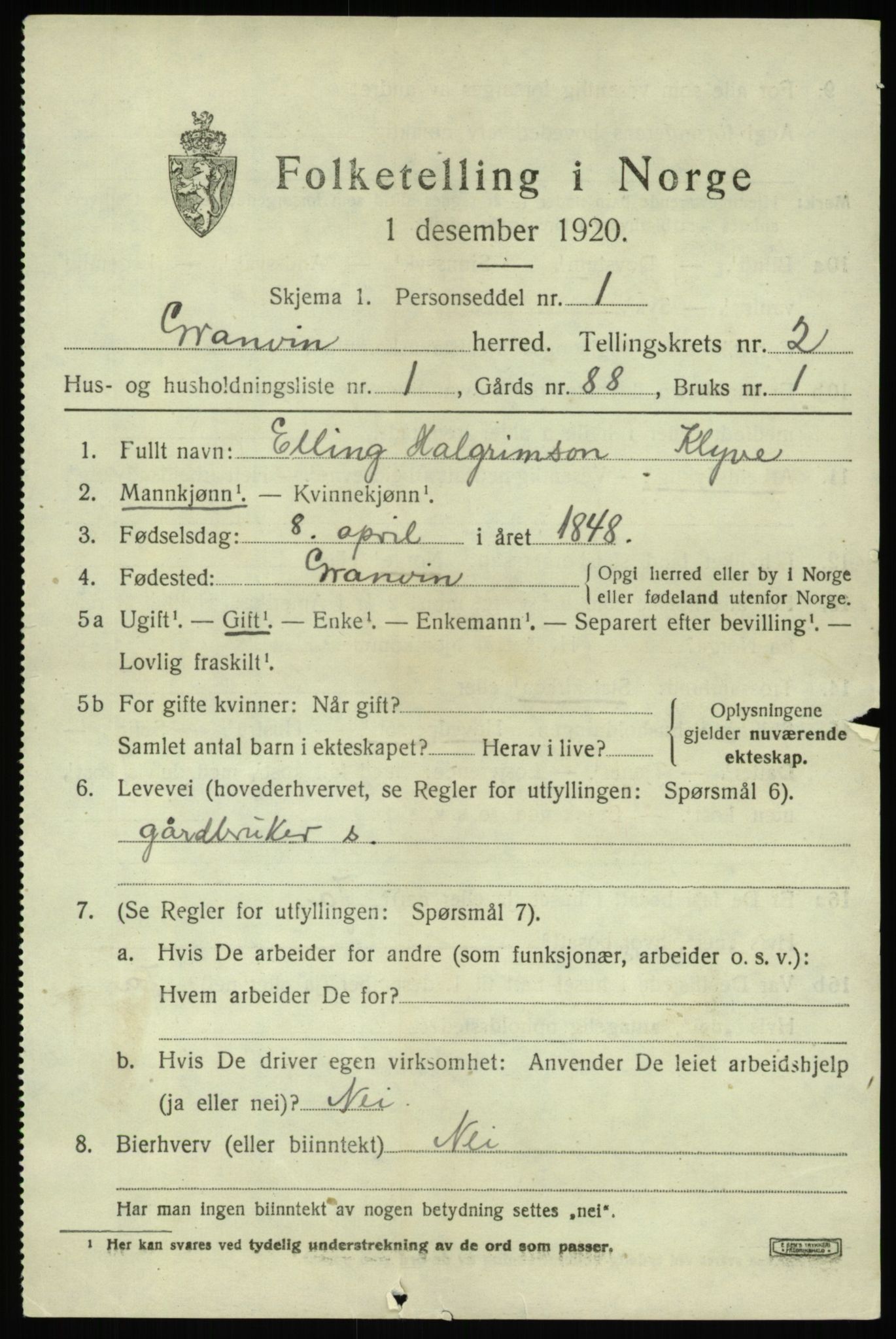 SAB, 1920 census for Granvin, 1920, p. 636