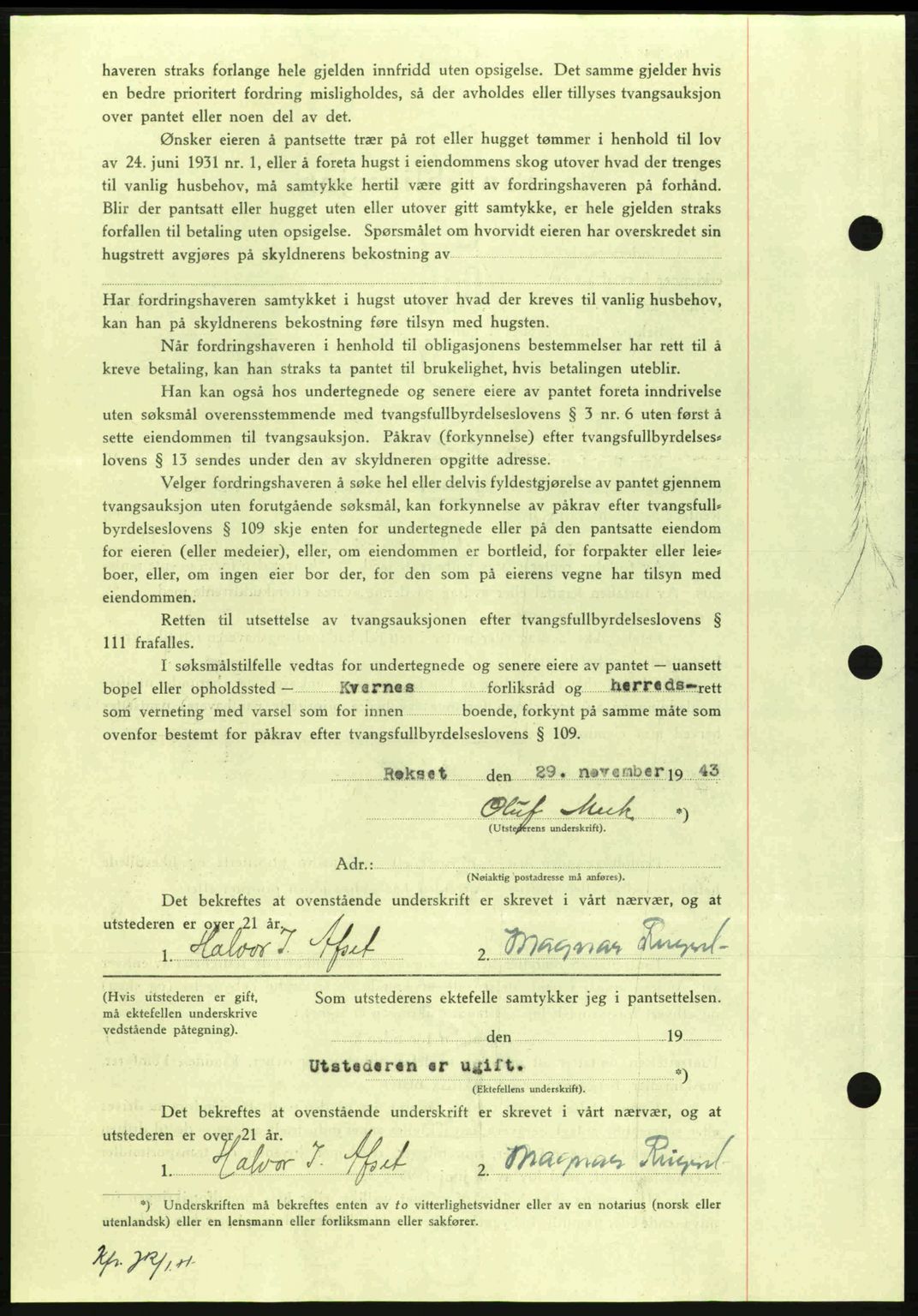 Nordmøre sorenskriveri, AV/SAT-A-4132/1/2/2Ca: Mortgage book no. B91, 1943-1944, Diary no: : 2615/1943