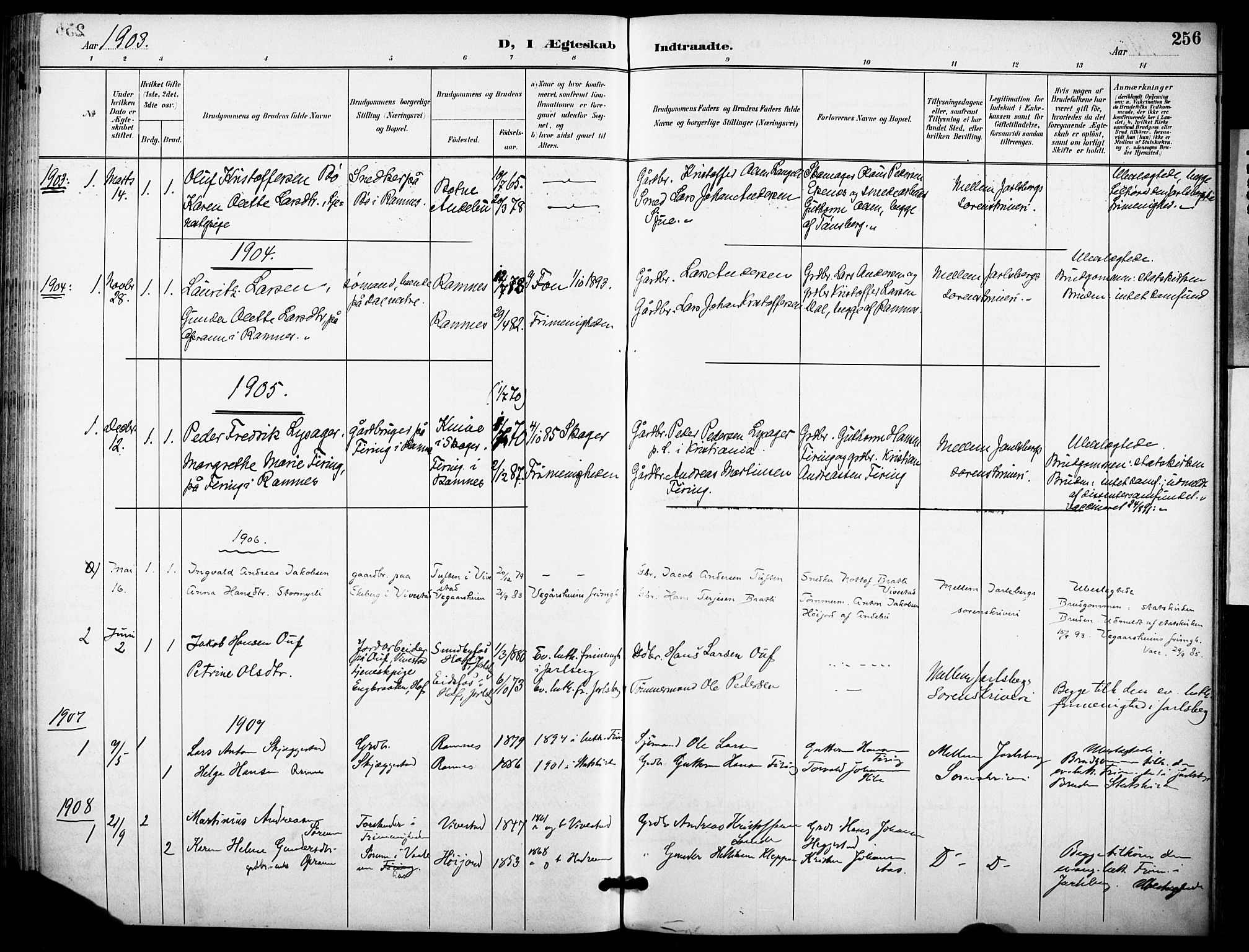 Ramnes kirkebøker, SAKO/A-314/F/Fa/L0008: Parish register (official) no. I 8, 1896-1913, p. 256