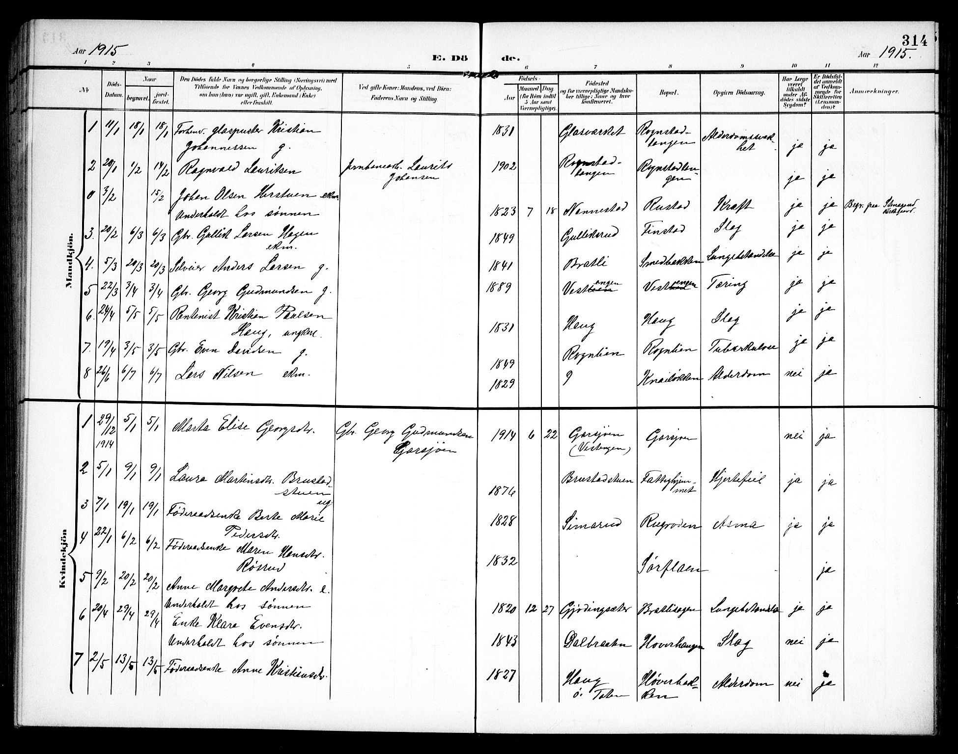 Hurdal prestekontor Kirkebøker, SAO/A-10889/G/Ga/L0001: Parish register (copy) no. I 1, 1902-1934, p. 314