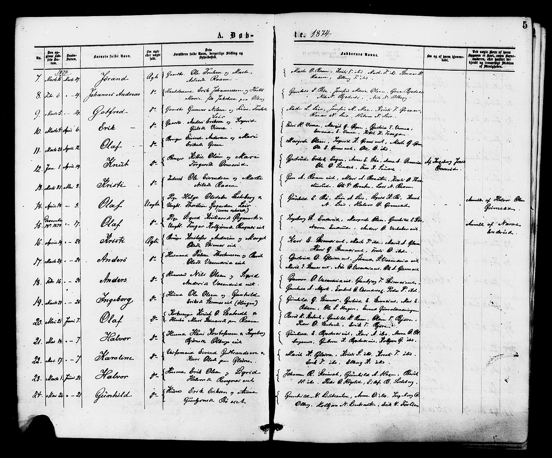 Krødsherad kirkebøker, SAKO/A-19/F/Fa/L0004: Parish register (official) no. 4, 1873-1878, p. 5