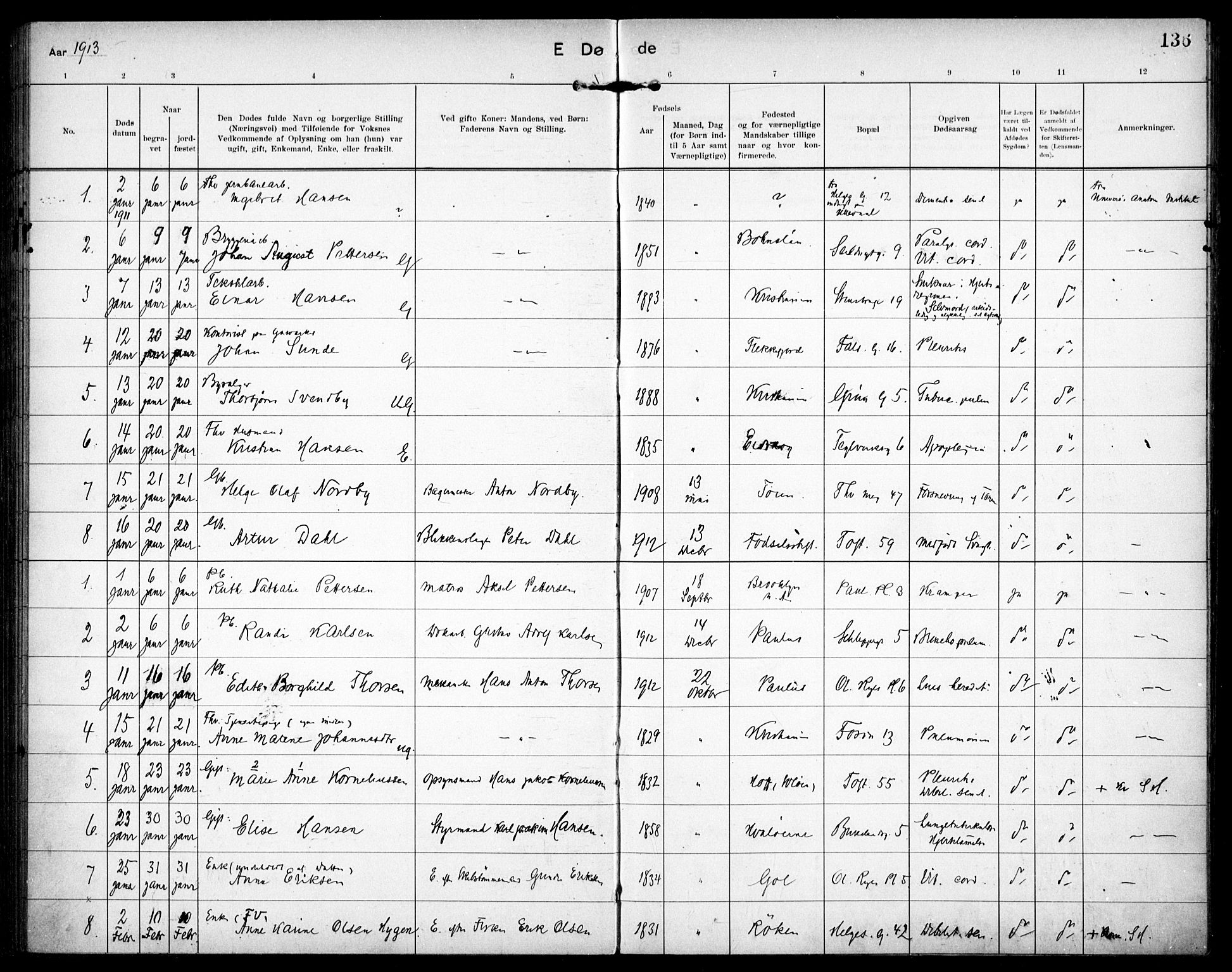 Paulus prestekontor Kirkebøker, AV/SAO-A-10871/F/Fa/L0018: Parish register (official) no. 18, 1906-1915, p. 136