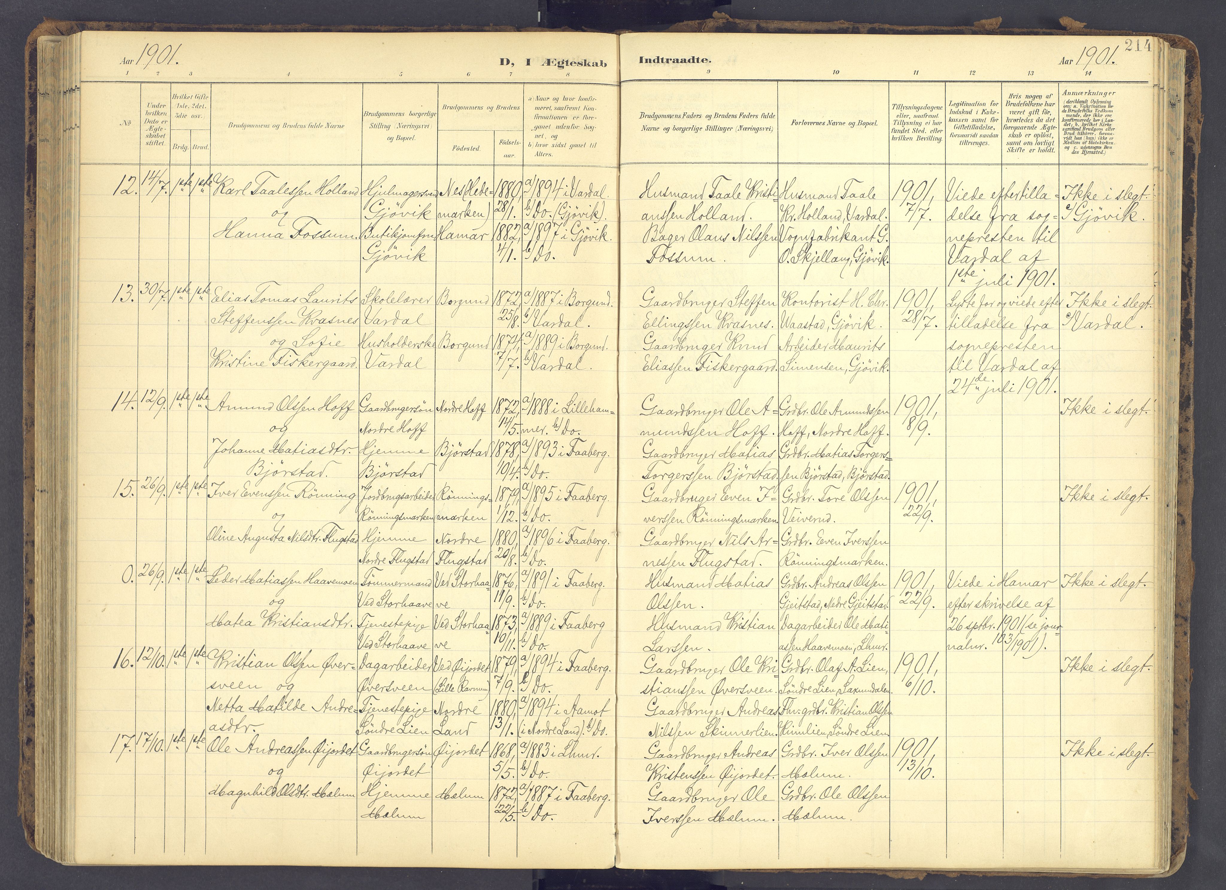 Fåberg prestekontor, SAH/PREST-086/H/Ha/Haa/L0012: Parish register (official) no. 12, 1899-1915, p. 214