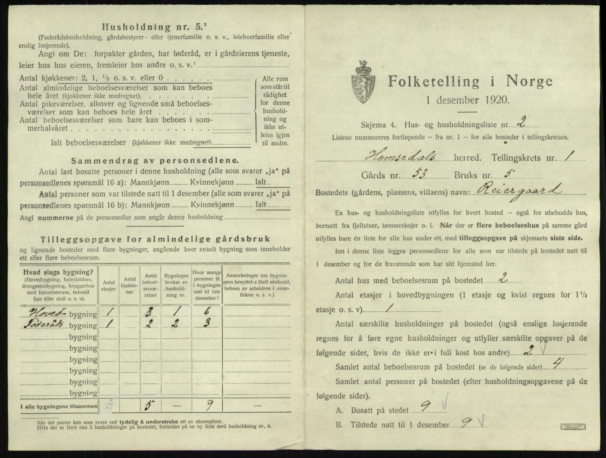 SAKO, 1920 census for Hemsedal, 1920, p. 33