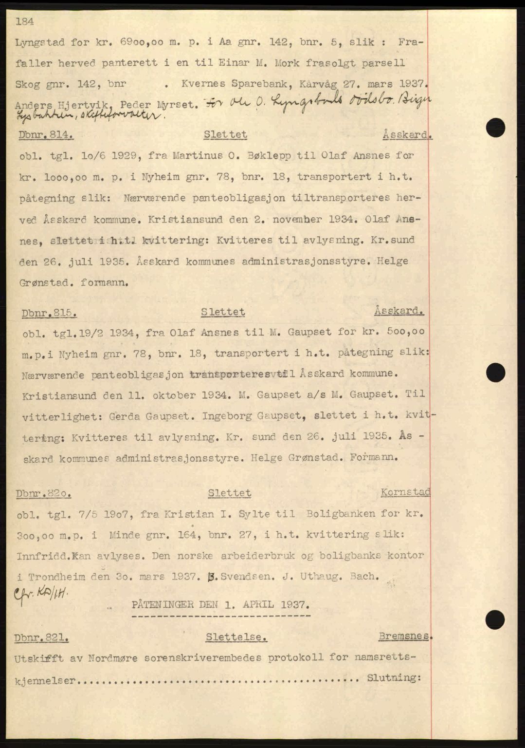 Nordmøre sorenskriveri, AV/SAT-A-4132/1/2/2Ca: Mortgage book no. C80, 1936-1939, Diary no: : 814/1937