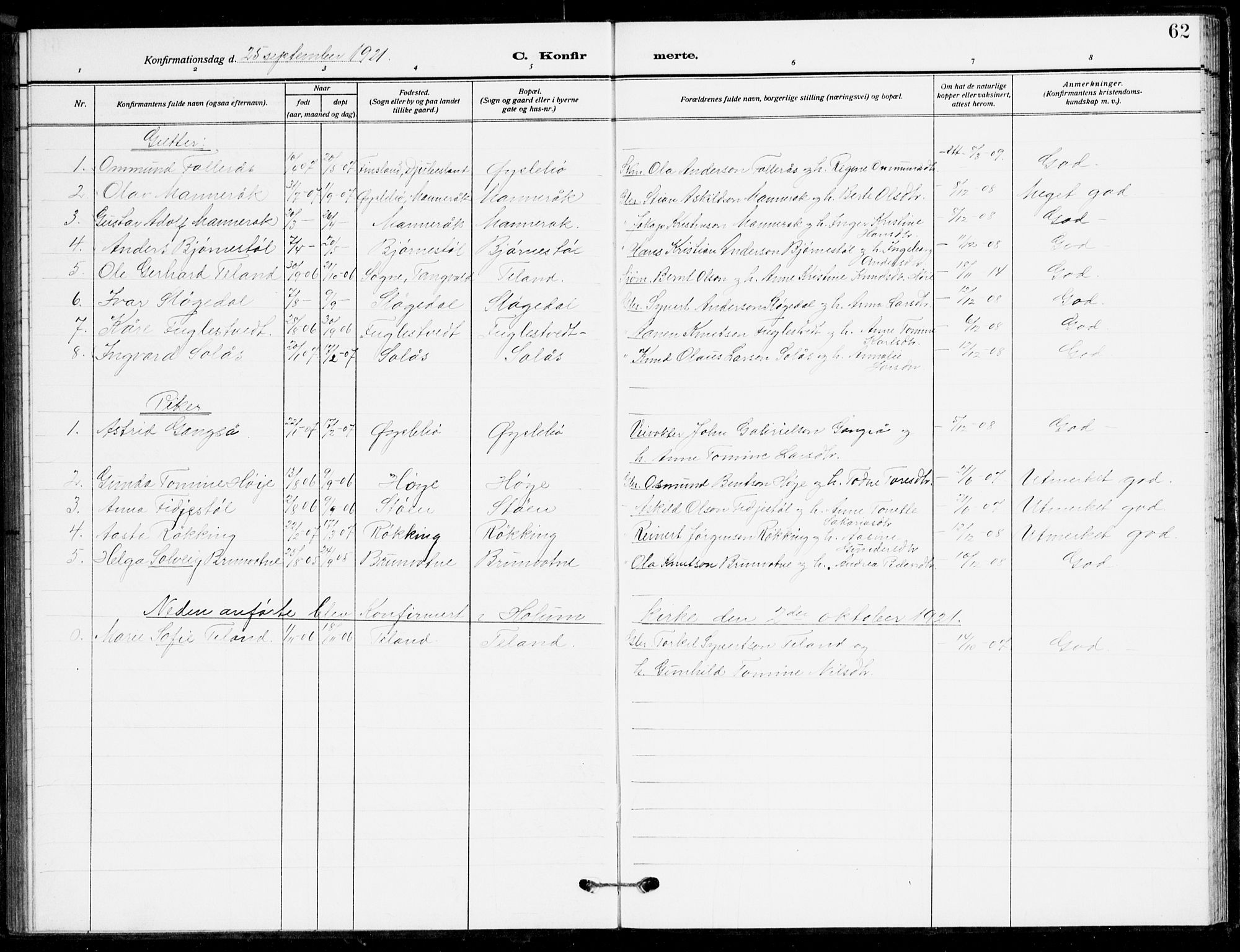 Holum sokneprestkontor, AV/SAK-1111-0022/F/Fb/Fbc/L0004: Parish register (copy) no. B 4, 1908-1930, p. 62