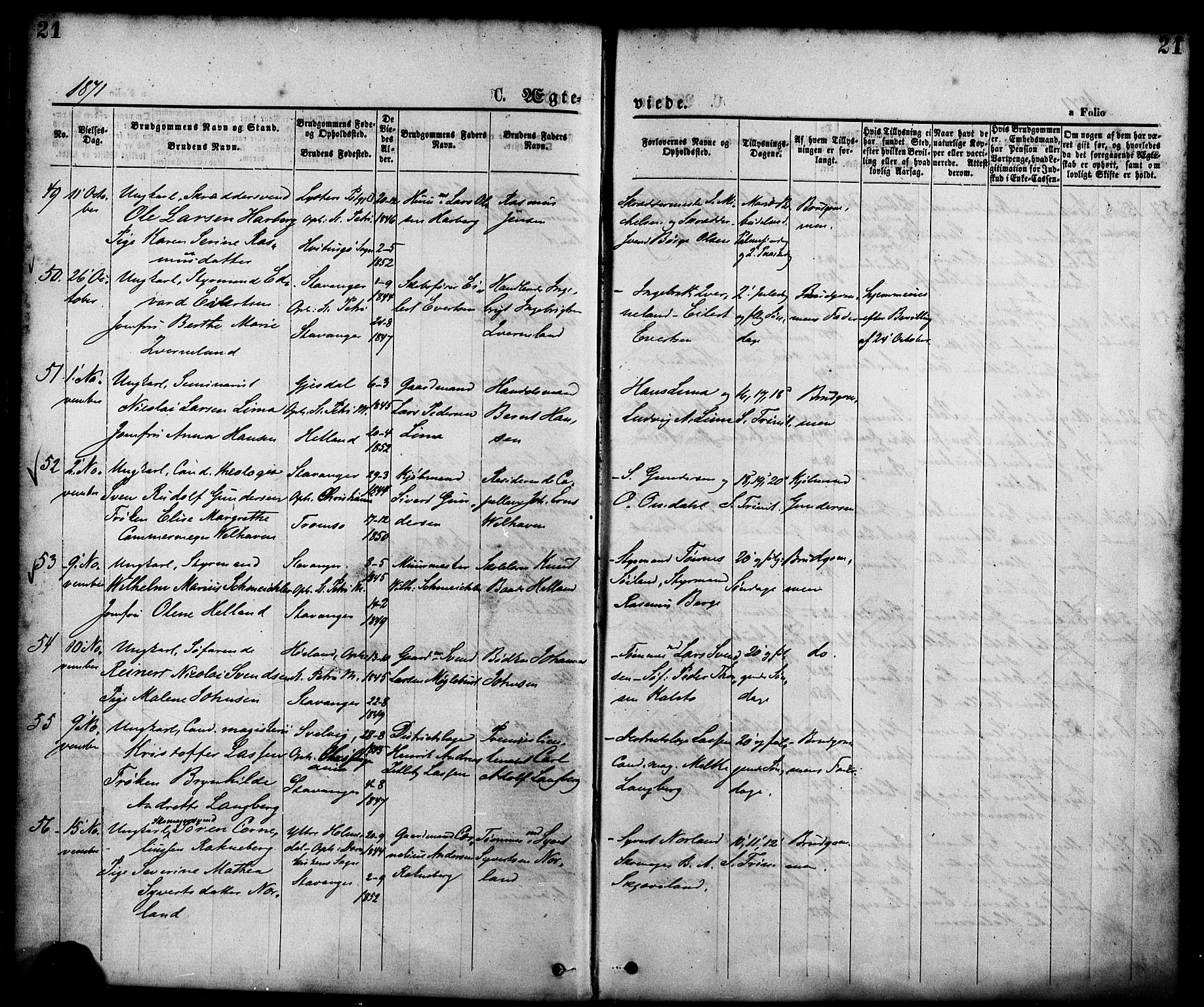 St. Petri sokneprestkontor, AV/SAST-A-101813/001/30/30BA/L0010: Parish register (official) no. A 10, 1869-1878, p. 21