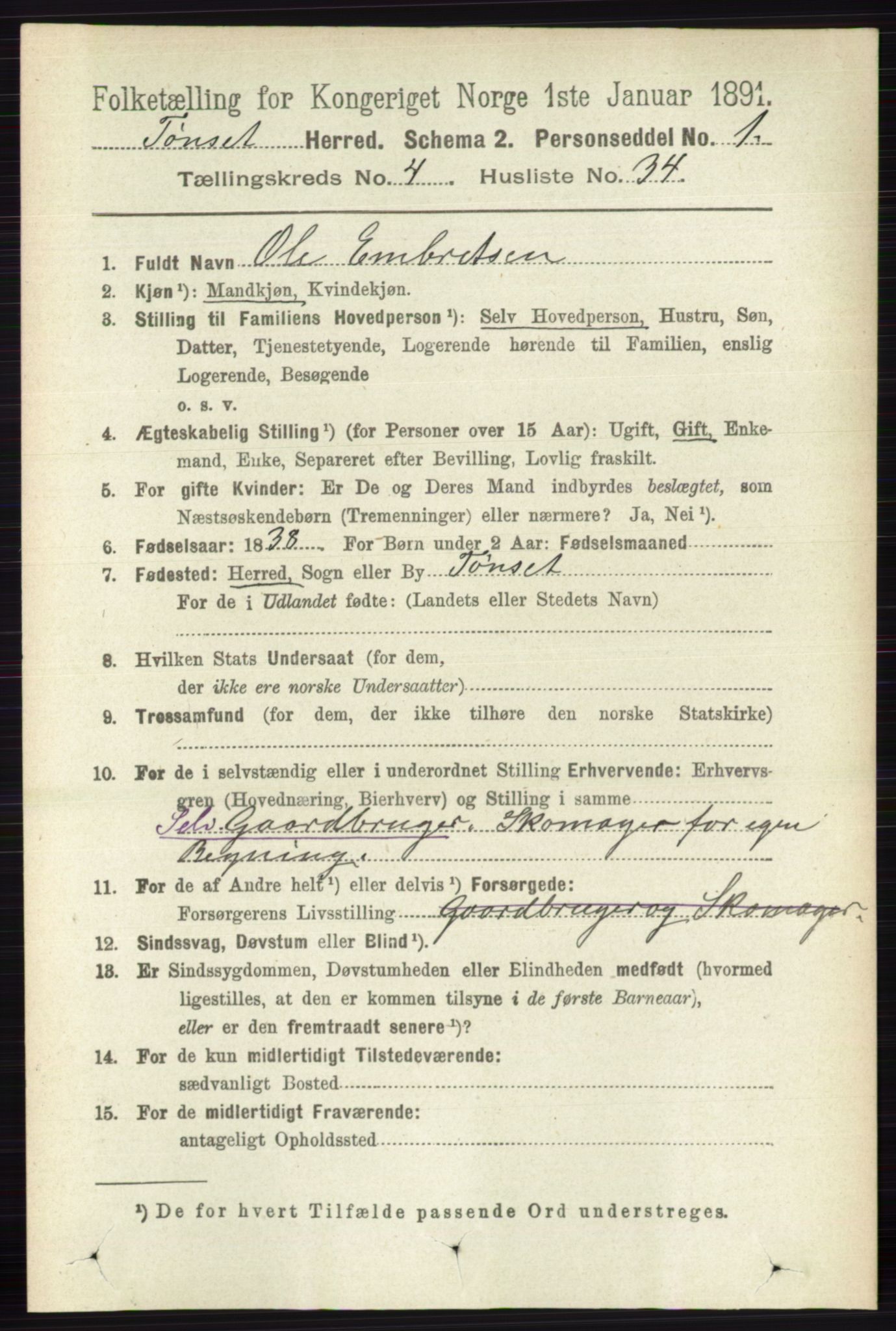 RA, 1891 census for 0437 Tynset, 1891, p. 954