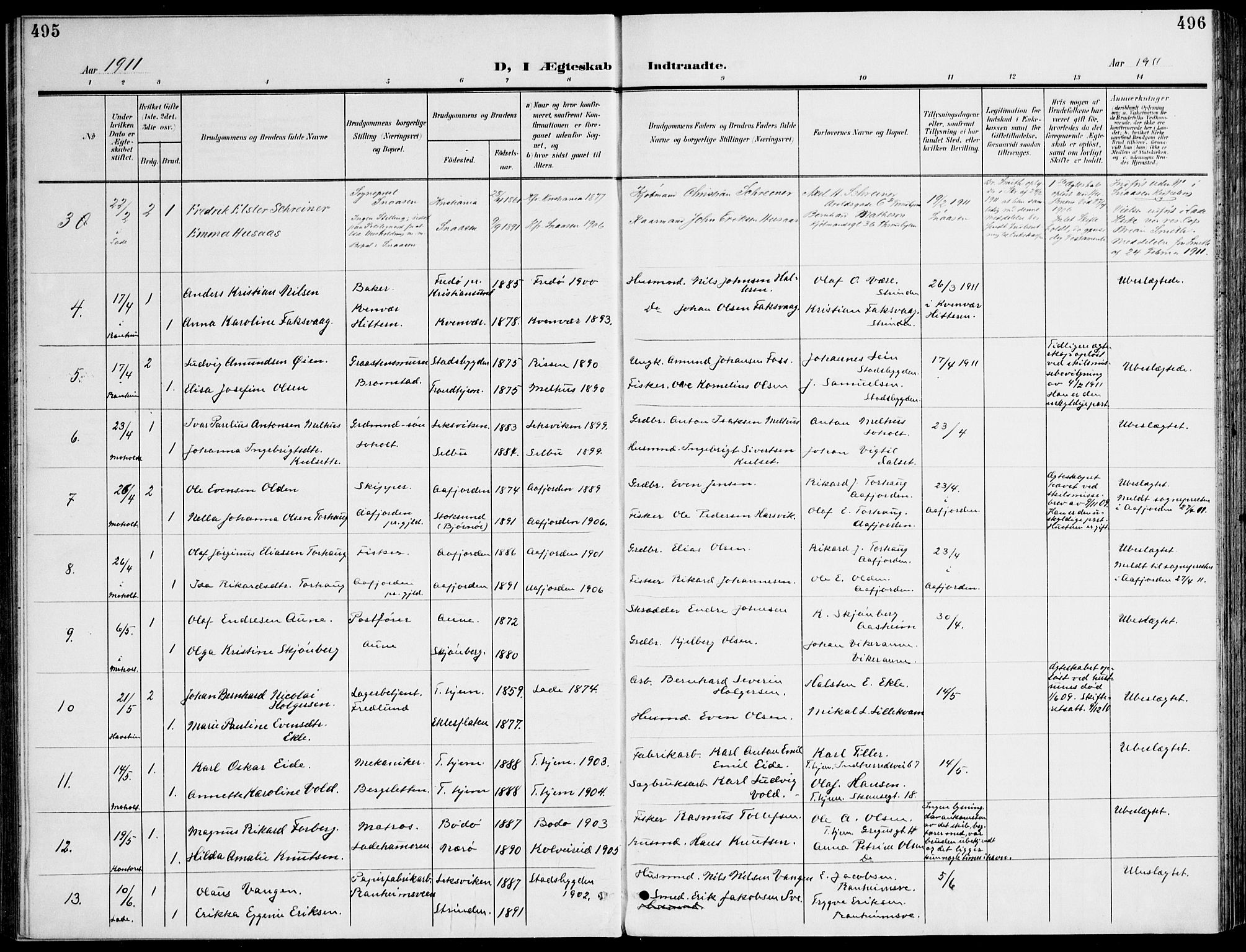 Ministerialprotokoller, klokkerbøker og fødselsregistre - Sør-Trøndelag, SAT/A-1456/607/L0320: Parish register (official) no. 607A04, 1907-1915, p. 495-496