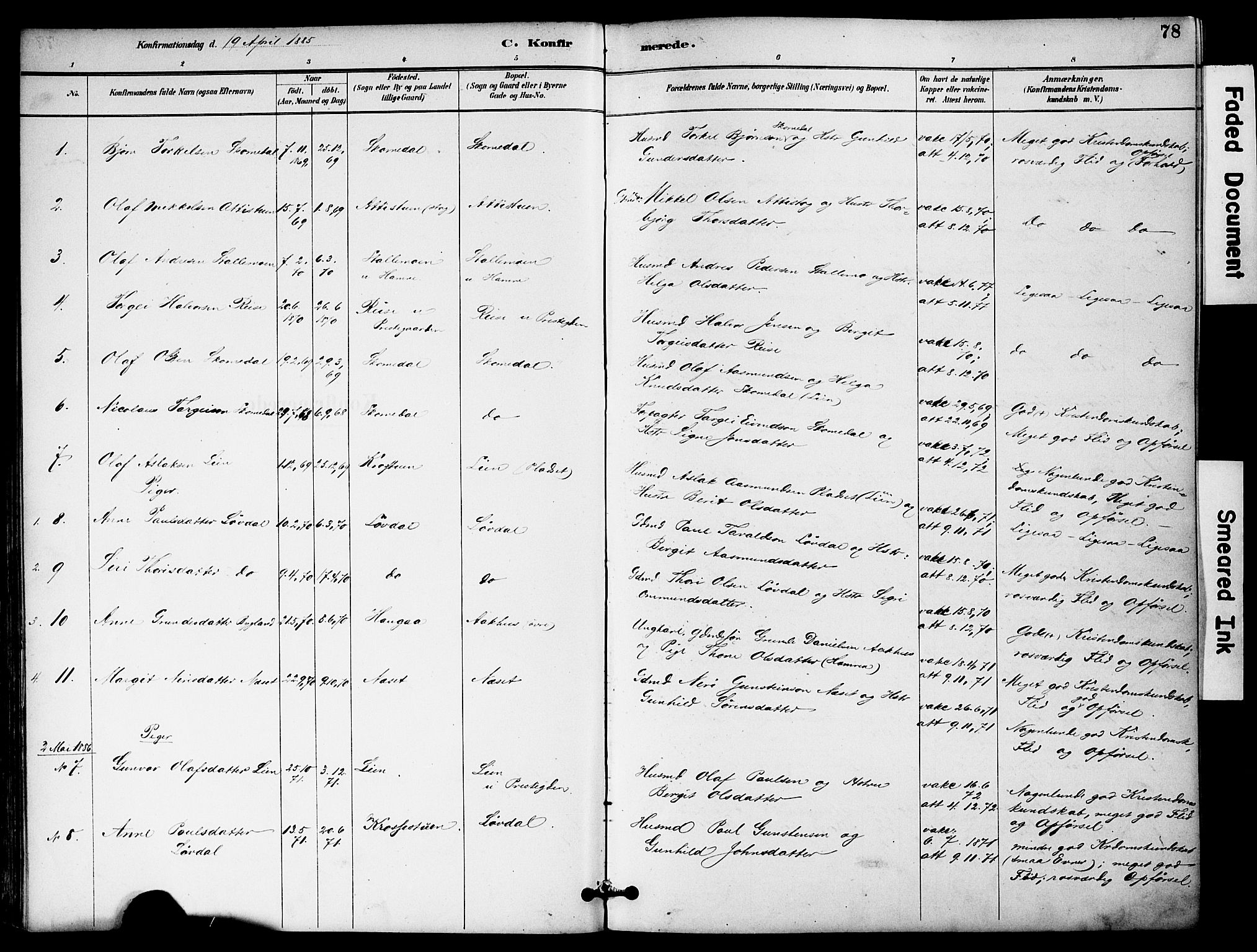 Bygland sokneprestkontor, AV/SAK-1111-0006/F/Fa/Fab/L0007: Parish register (official) no. A 7, 1885-1909, p. 78