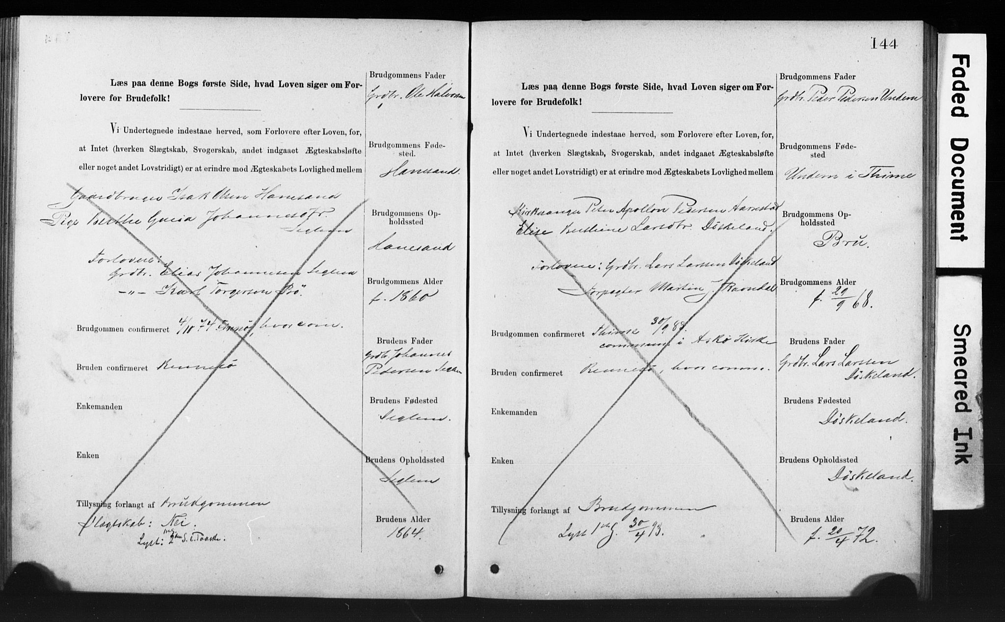 Rennesøy sokneprestkontor, AV/SAST-A -101827/I/Ie/L0001: Banns register no. 1, 1873-1898, p. 144