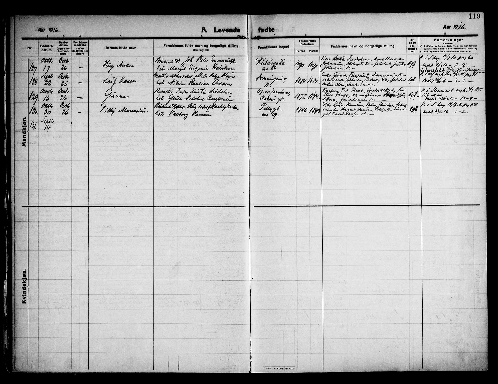 Sarpsborg prestekontor Kirkebøker, AV/SAO-A-2006/F/Fa/L0008: Parish register (official) no. 8, 1910-1920, p. 119