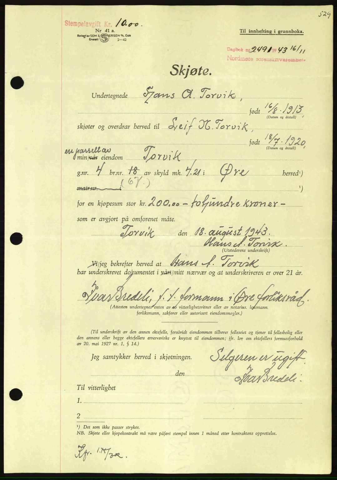 Nordmøre sorenskriveri, SAT/A-4132/1/2/2Ca: Mortgage book no. A96, 1943-1944, Diary no: : 2491/1943